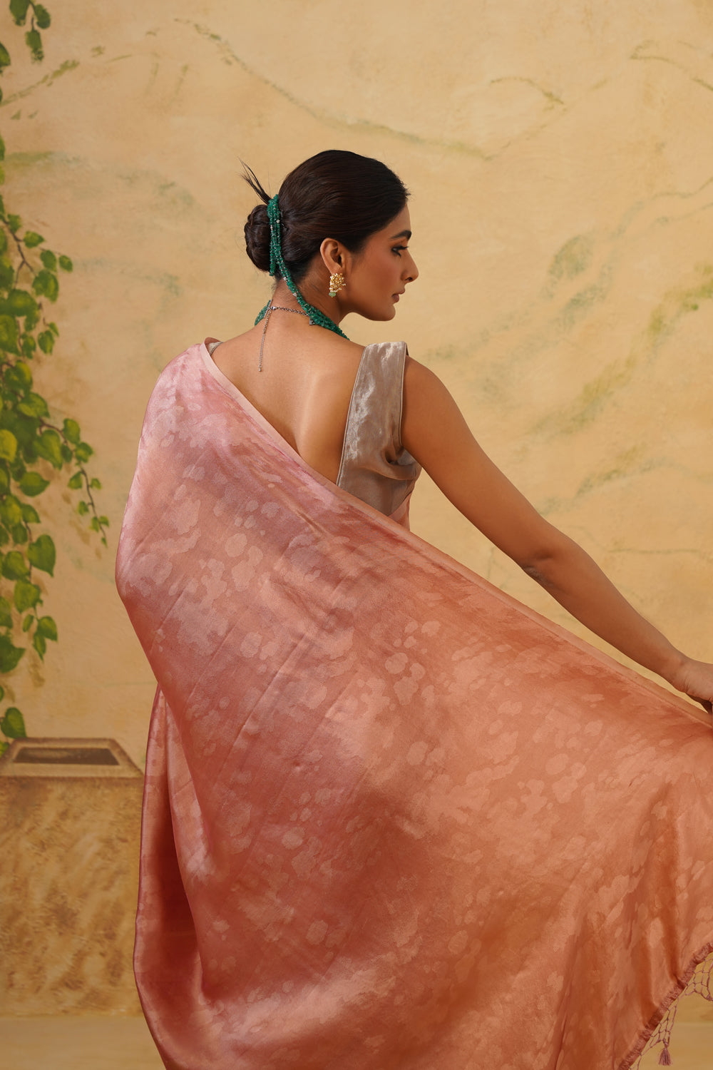 Handwoven Peach Katan Tissue Silk Saree in Tanchoi