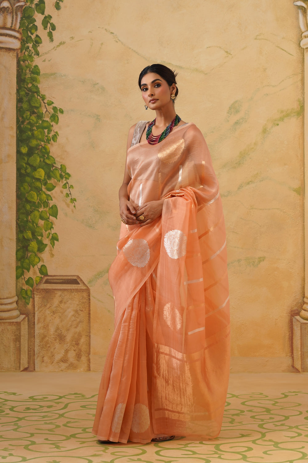 Handwoven Peach Kora Organza Saree with Bold Kadwa Butas