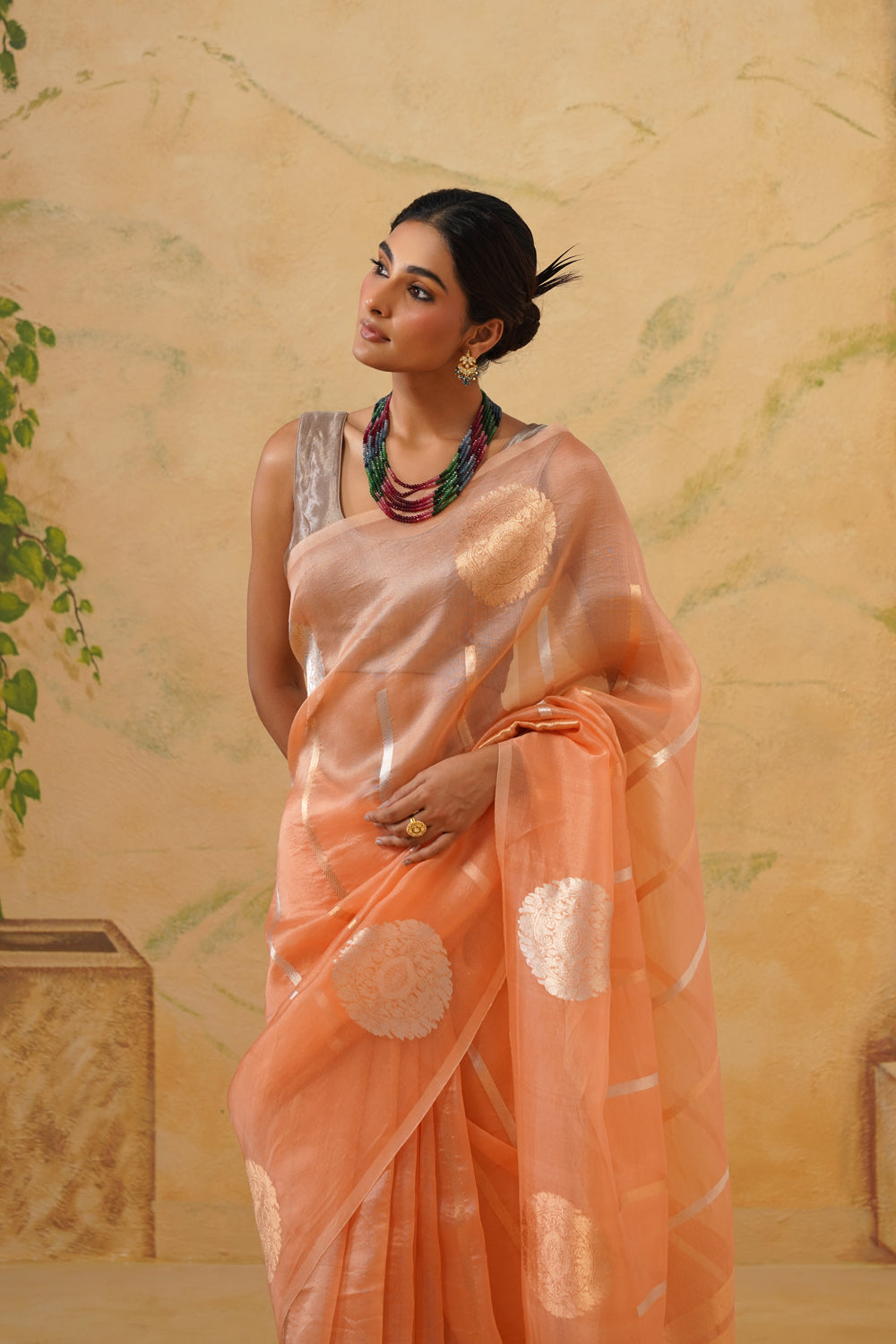 Handwoven Peach Kora Organza Saree with Bold Kadwa Butas