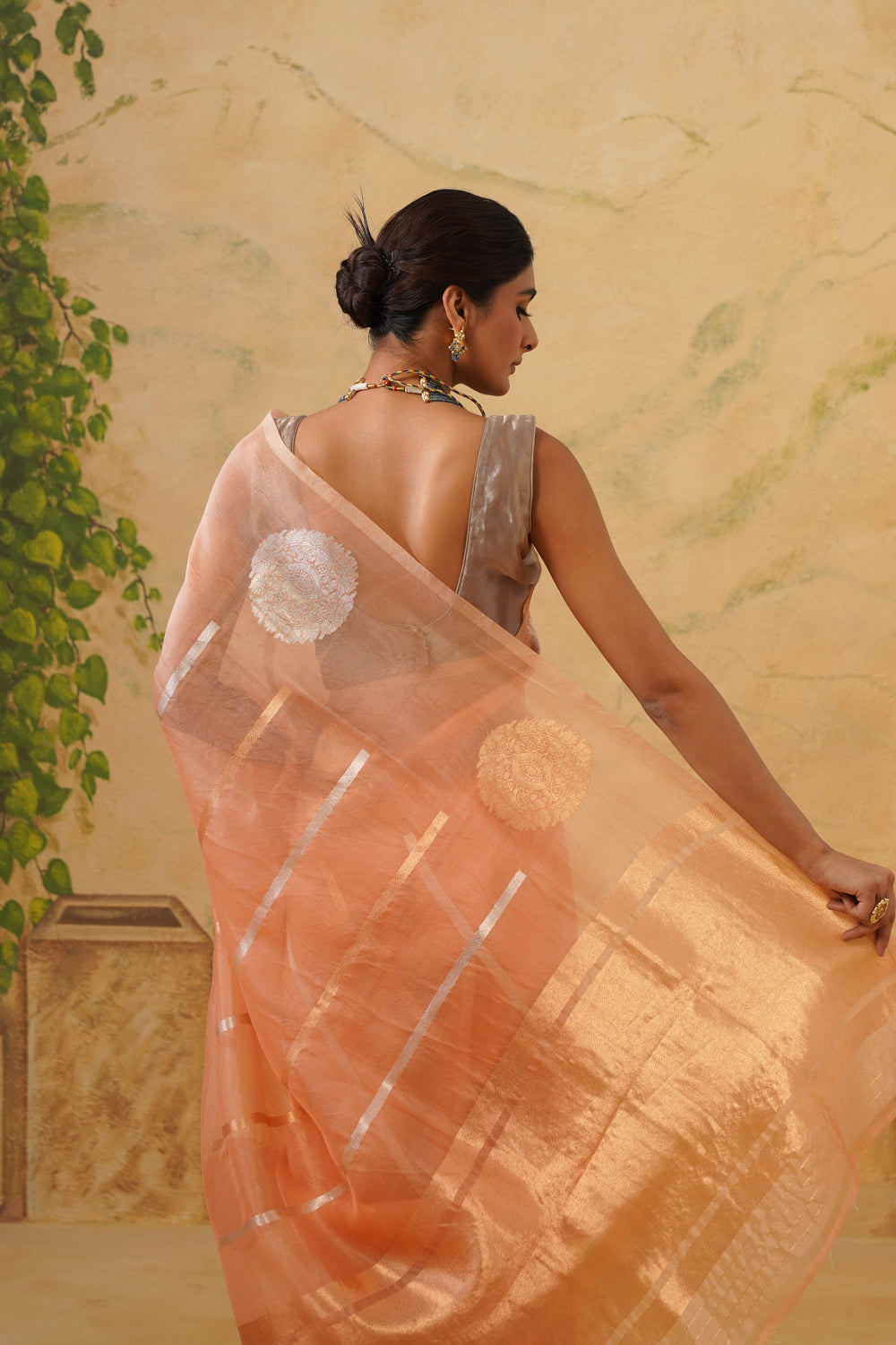 Handwoven Peach Kora Organza Saree with Bold Kadwa Butas
