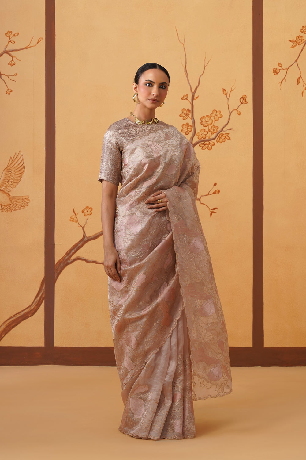 Handwoven Pink-Gold Tissue Saree with Appliqué & Embroidery