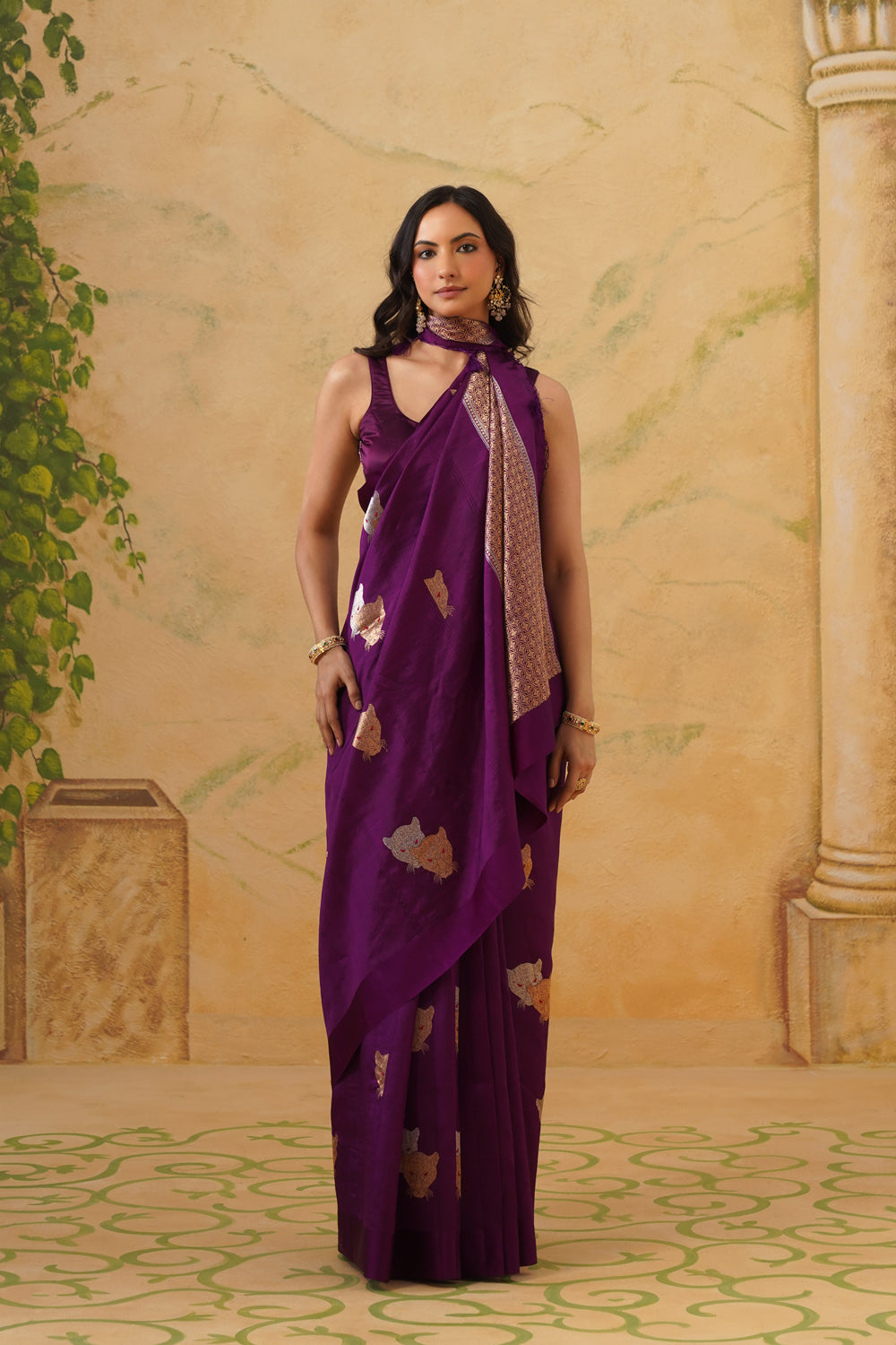 Handwoven Purple Katan Silk Saree with Whimsical Animal Motifs