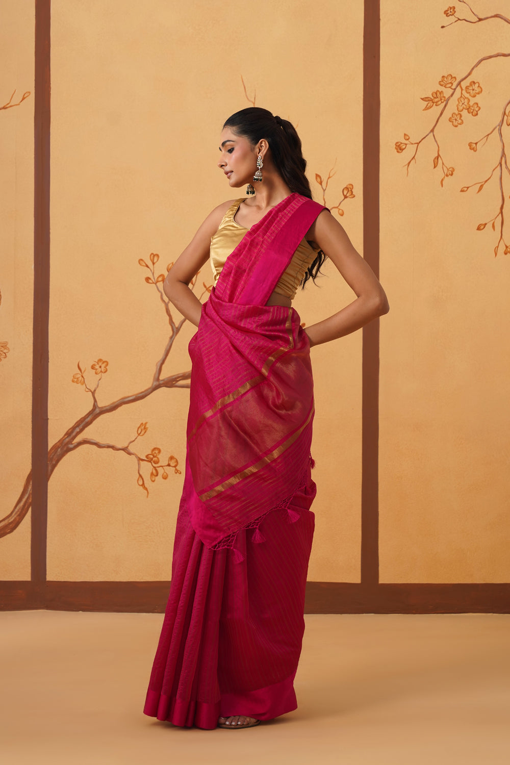 Handwoven Rani Pink Katan Silk Saree with All-Over Stripes