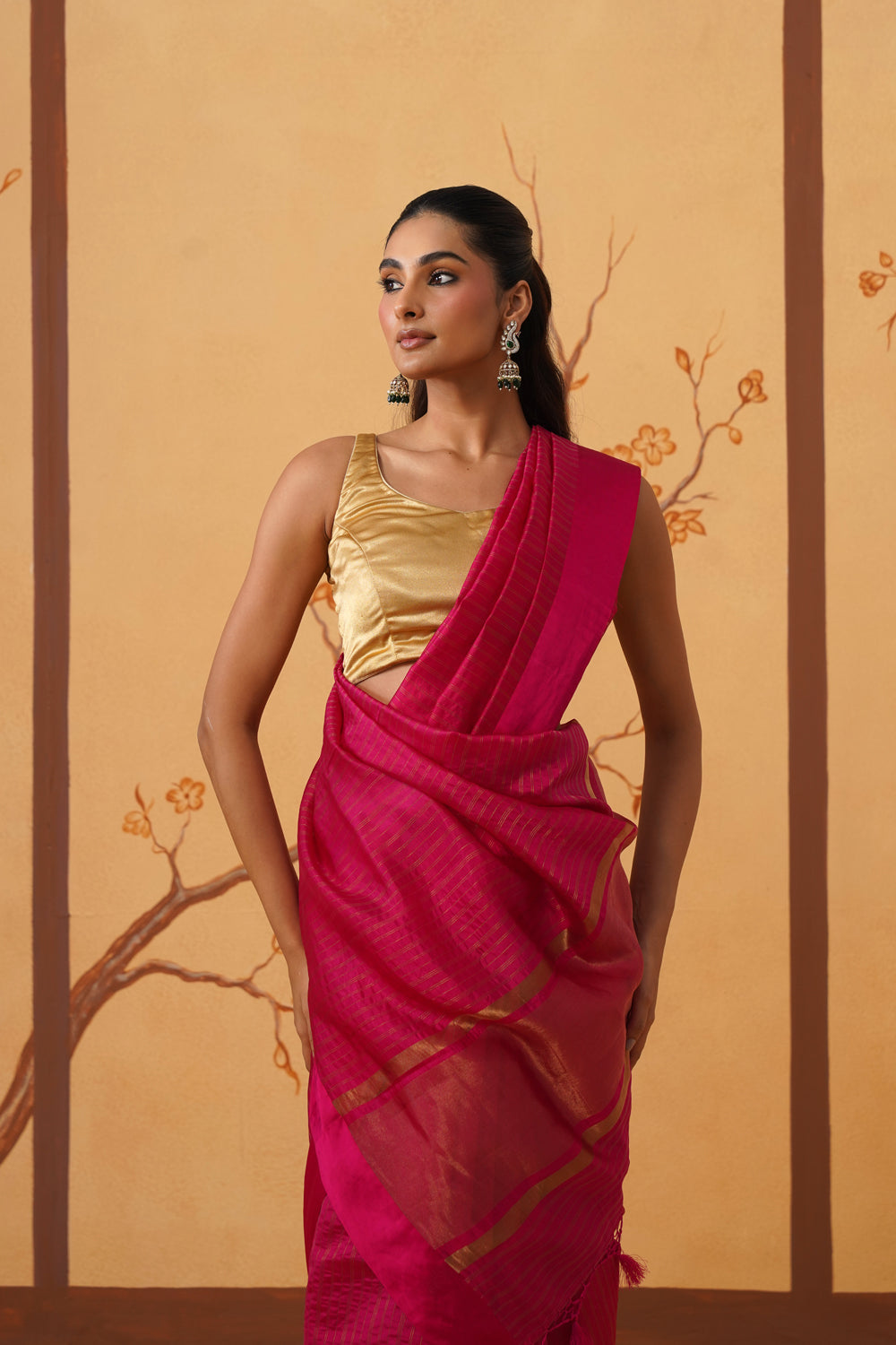 Handwoven Rani Pink Katan Silk Saree with All-Over Stripes