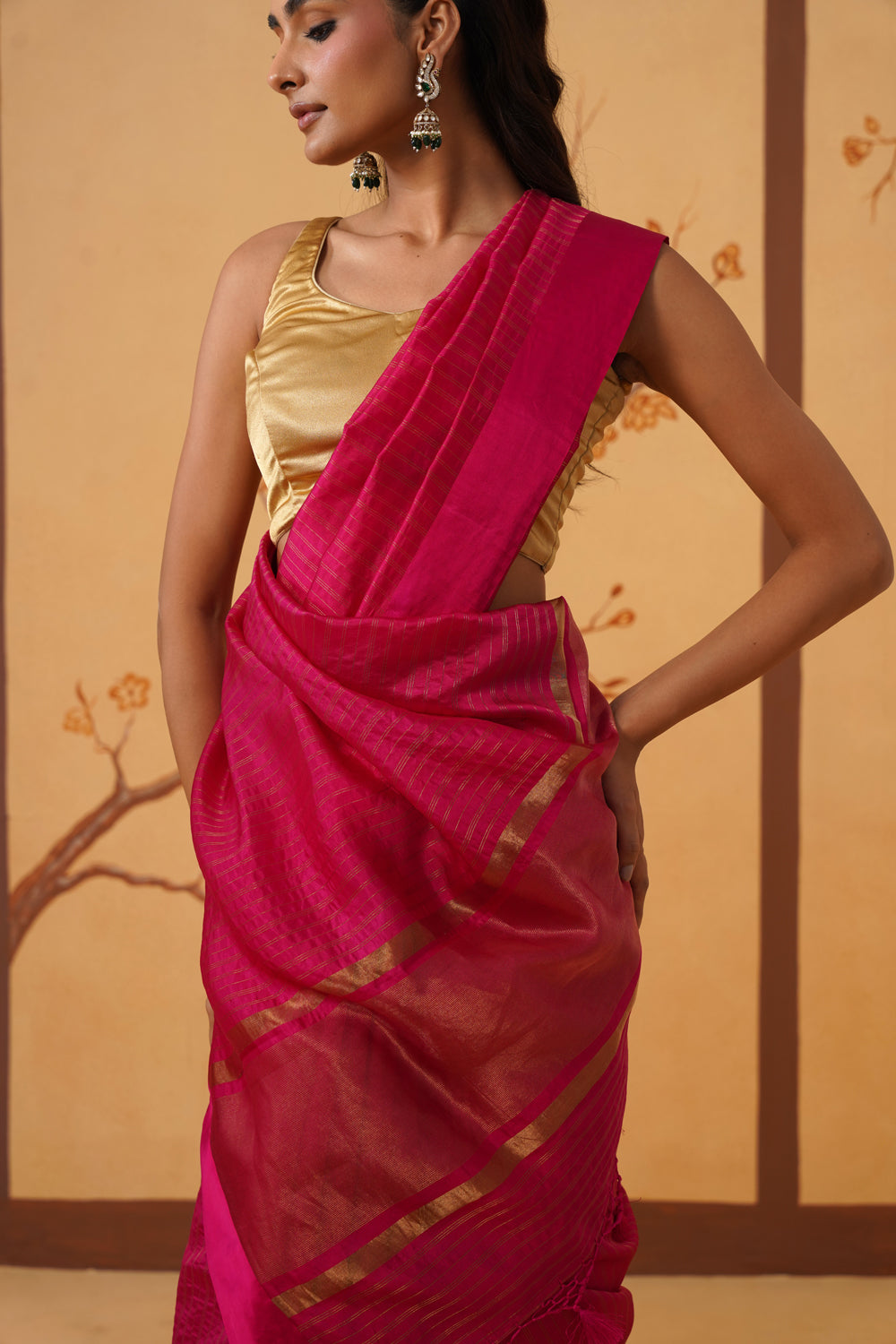 Handwoven Rani Pink Katan Silk Saree with All-Over Stripes