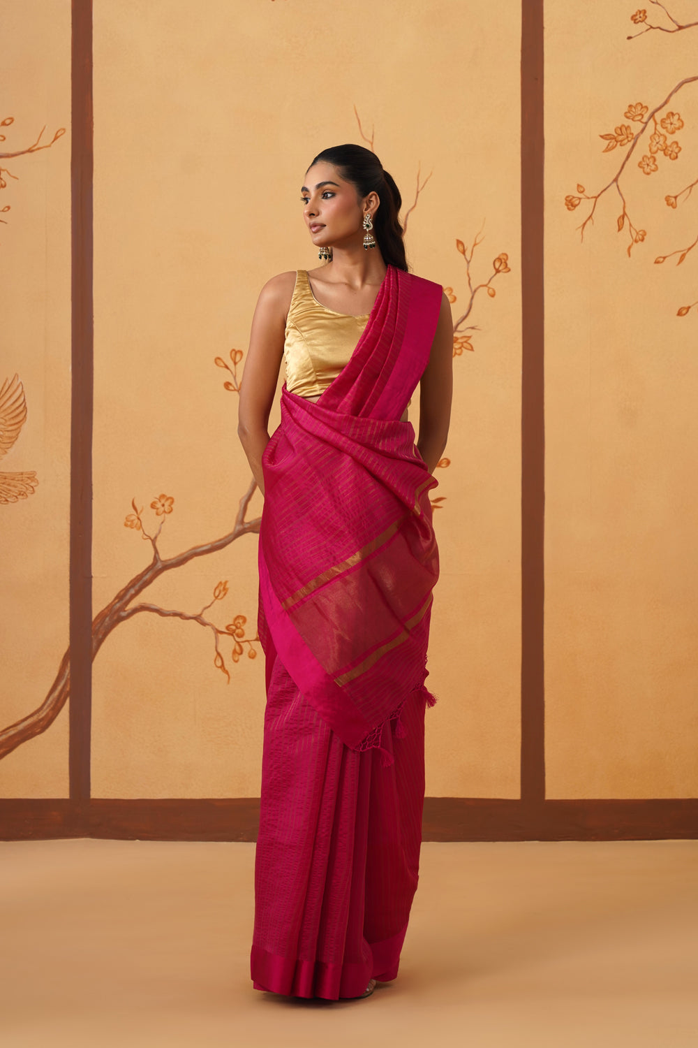 Handwoven Rani Pink Katan Silk Saree with All-Over Stripes