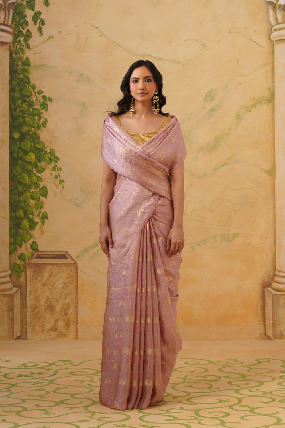 Handwoven Rose Gold Tissue Tanchoi Saree