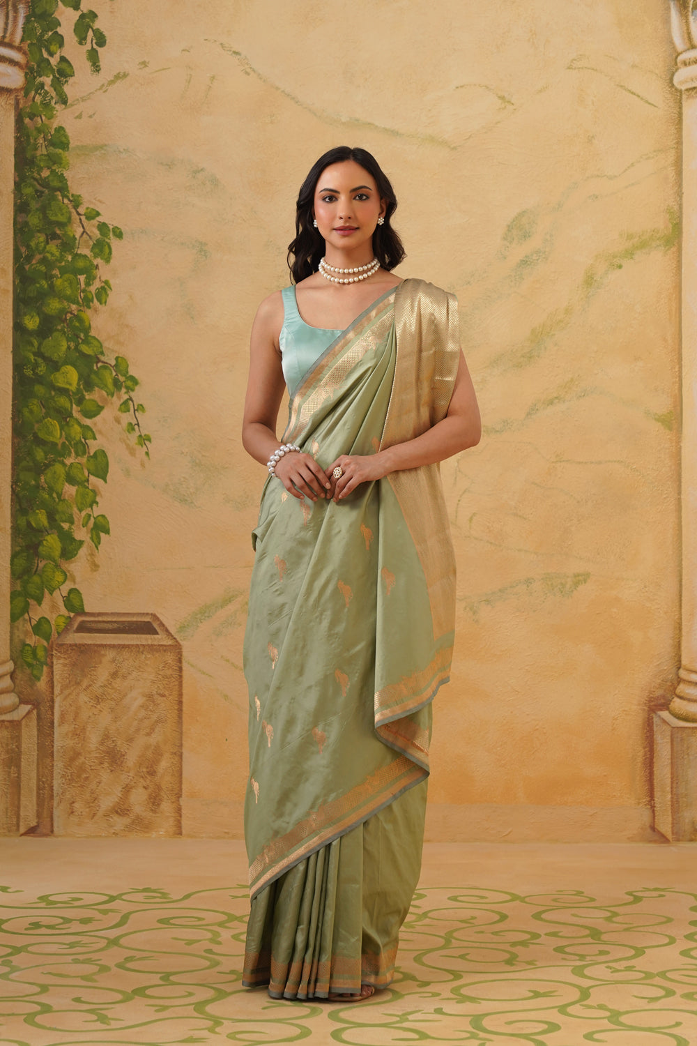 Handwoven Sage Green Katan Silk Saree with Bird Motifs