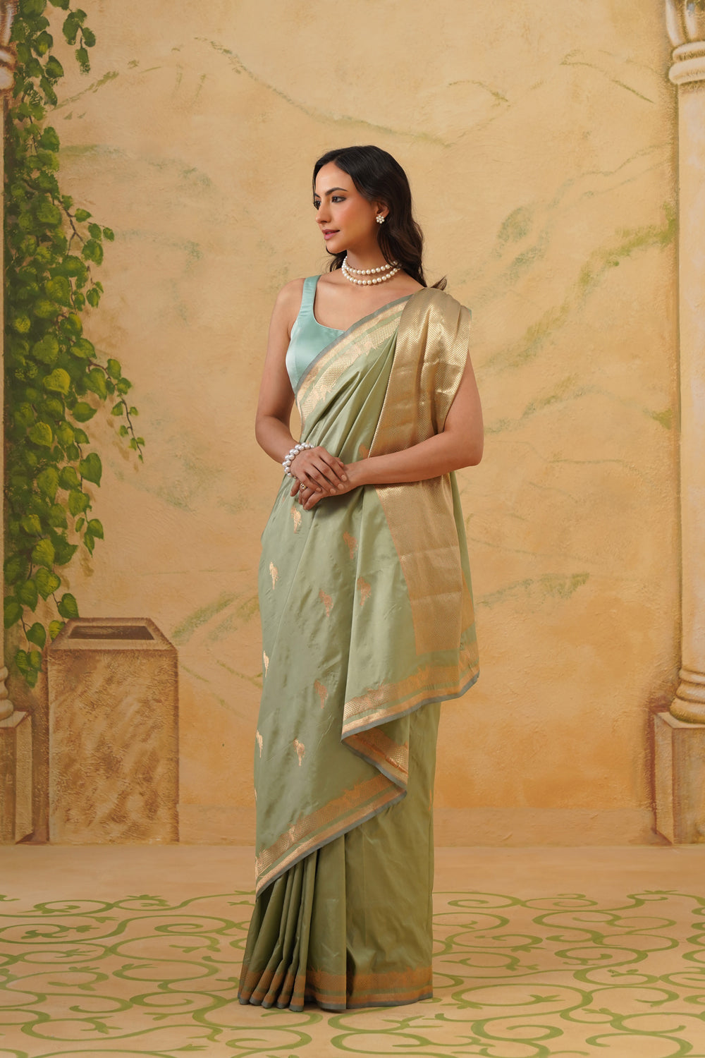 Handwoven Sage Green Katan Silk Saree with Bird Motifs