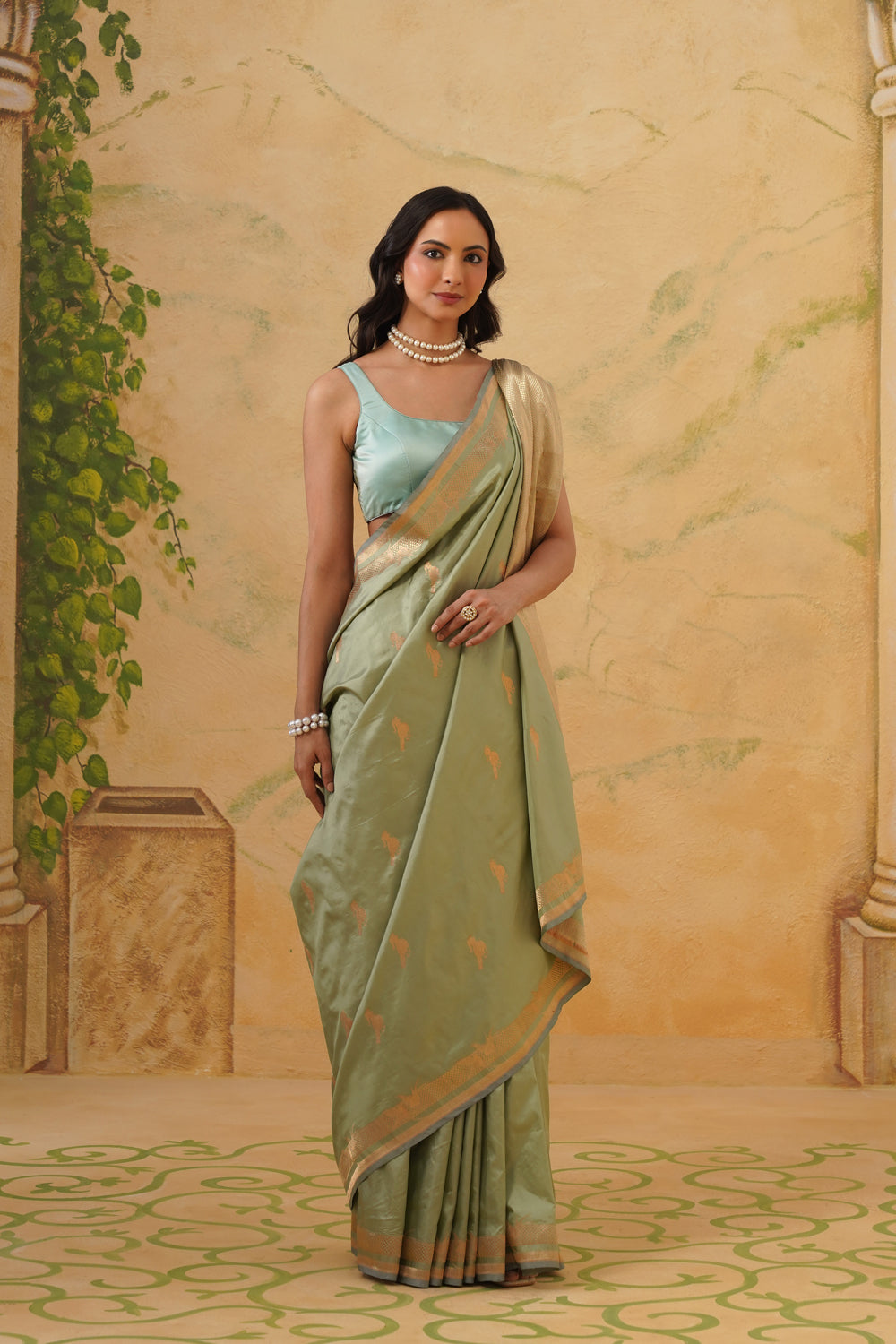Handwoven Sage Green Katan Silk Saree with Bird Motifs