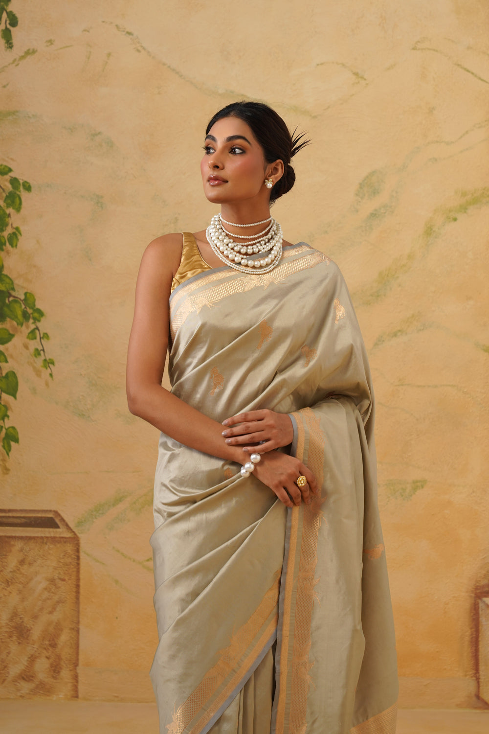 Handwoven Sage Grey Katan Silk Saree with Bird Motifs