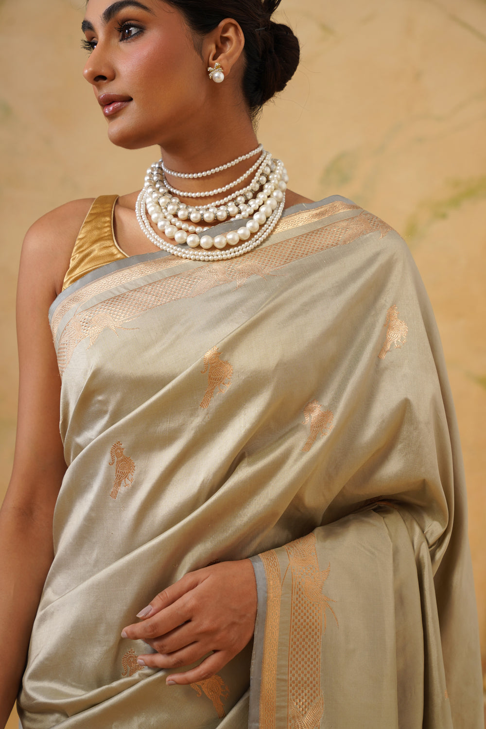 Handwoven Sage Grey Katan Silk Saree with Bird Motifs