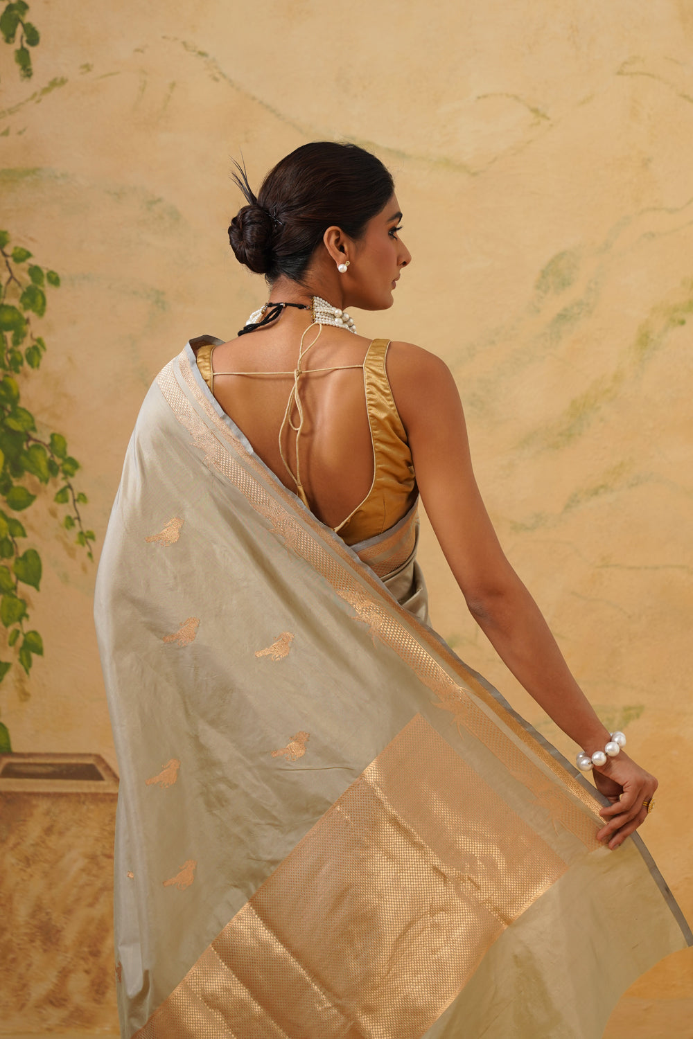 Handwoven Sage Grey Katan Silk Saree with Bird Motifs