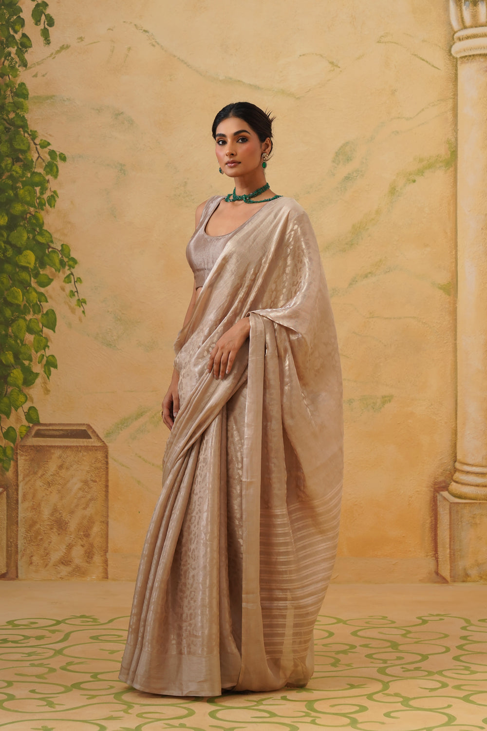 Handwoven Silver-Beige Katan Tissue Silk Saree in Tanchoi