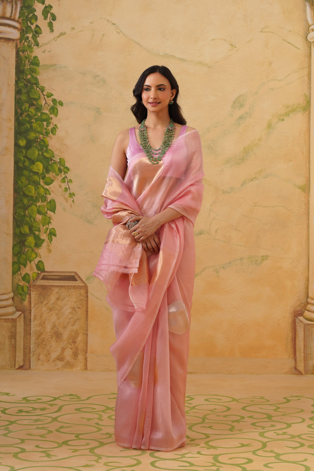 Handwoven Soft Pink Kora Organza Saree with Bold Gold Butas