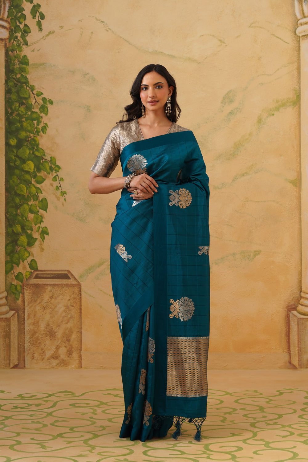 Handwoven Teal Blue Katan Silk Saree with Floral Butas