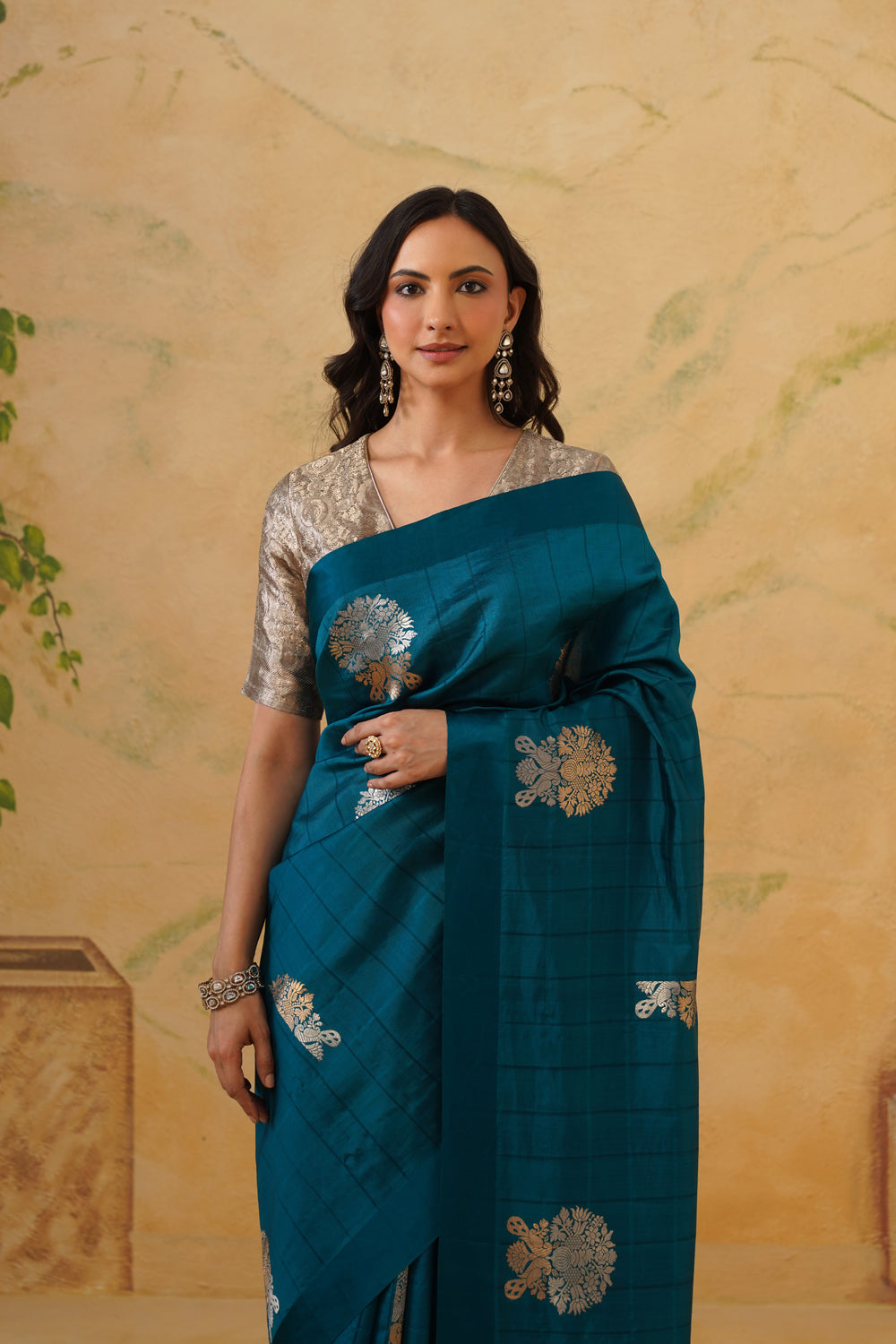 Handwoven Teal Blue Katan Silk Saree with Floral Butas