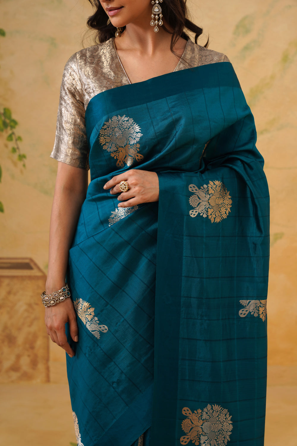 Handwoven Teal Blue Katan Silk Saree with Floral Butas