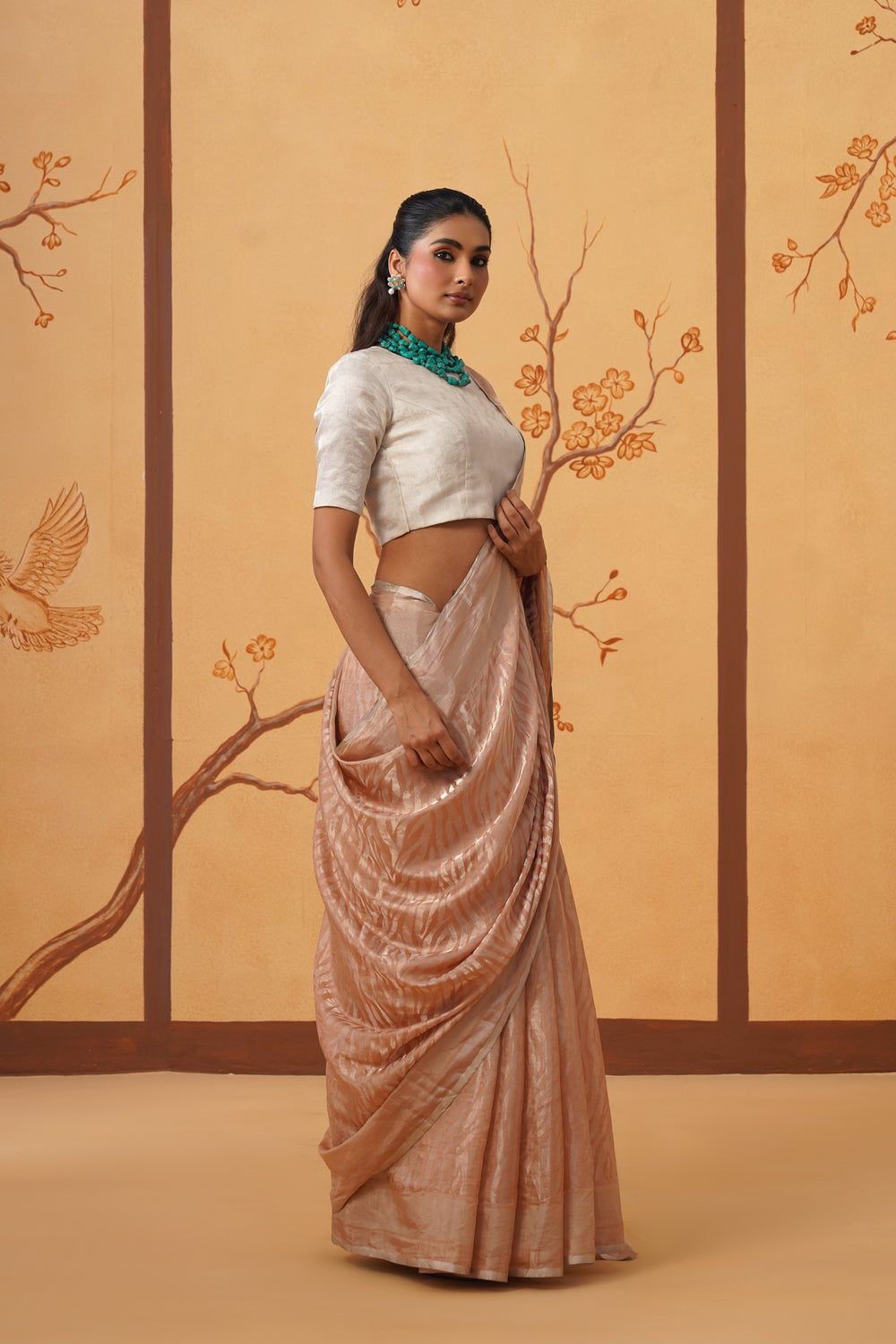 Handwoven Tissue Katan Saree in Champagne Glow