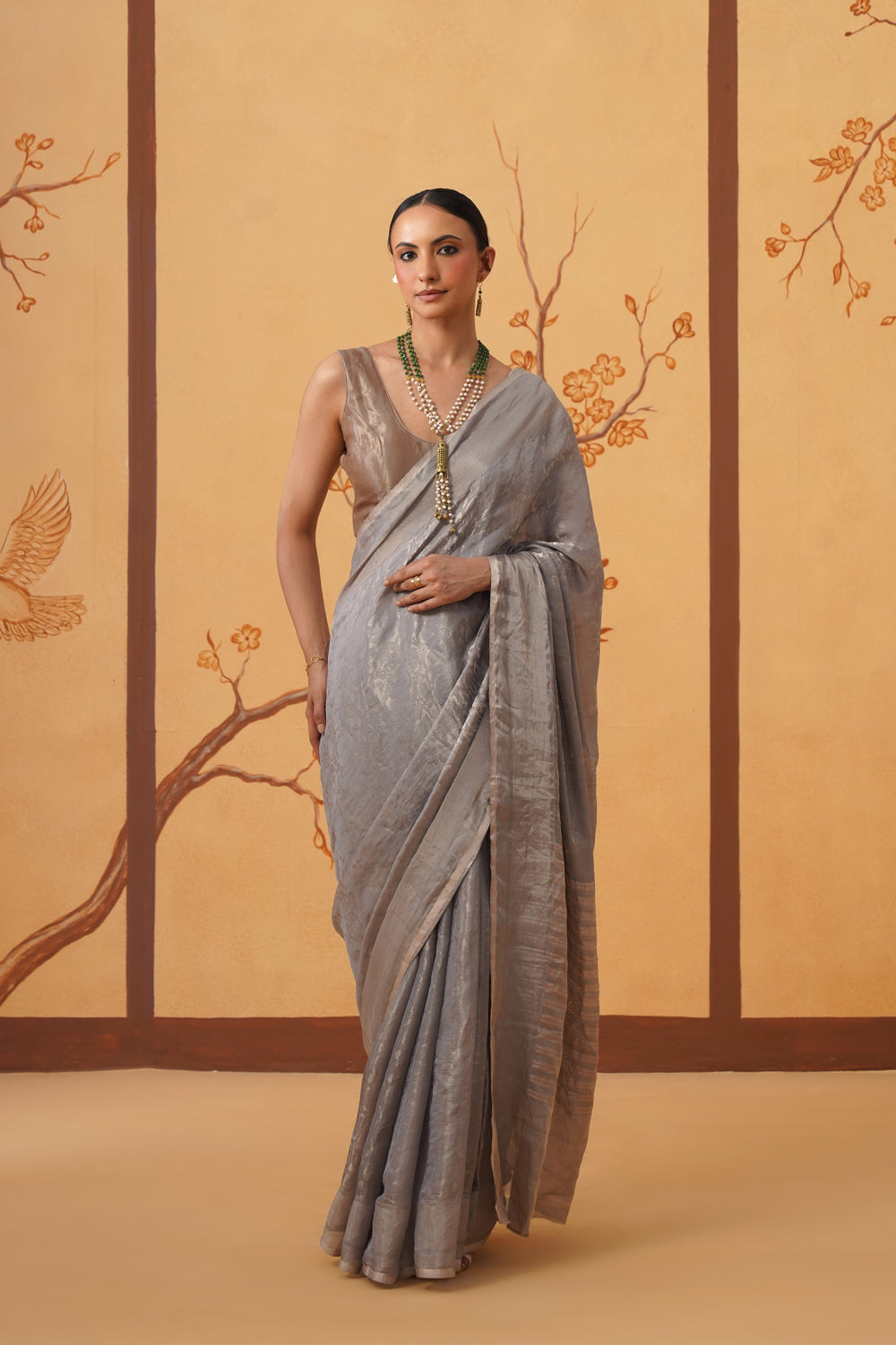 Handwoven Tissue Katan Saree in Silver Mist