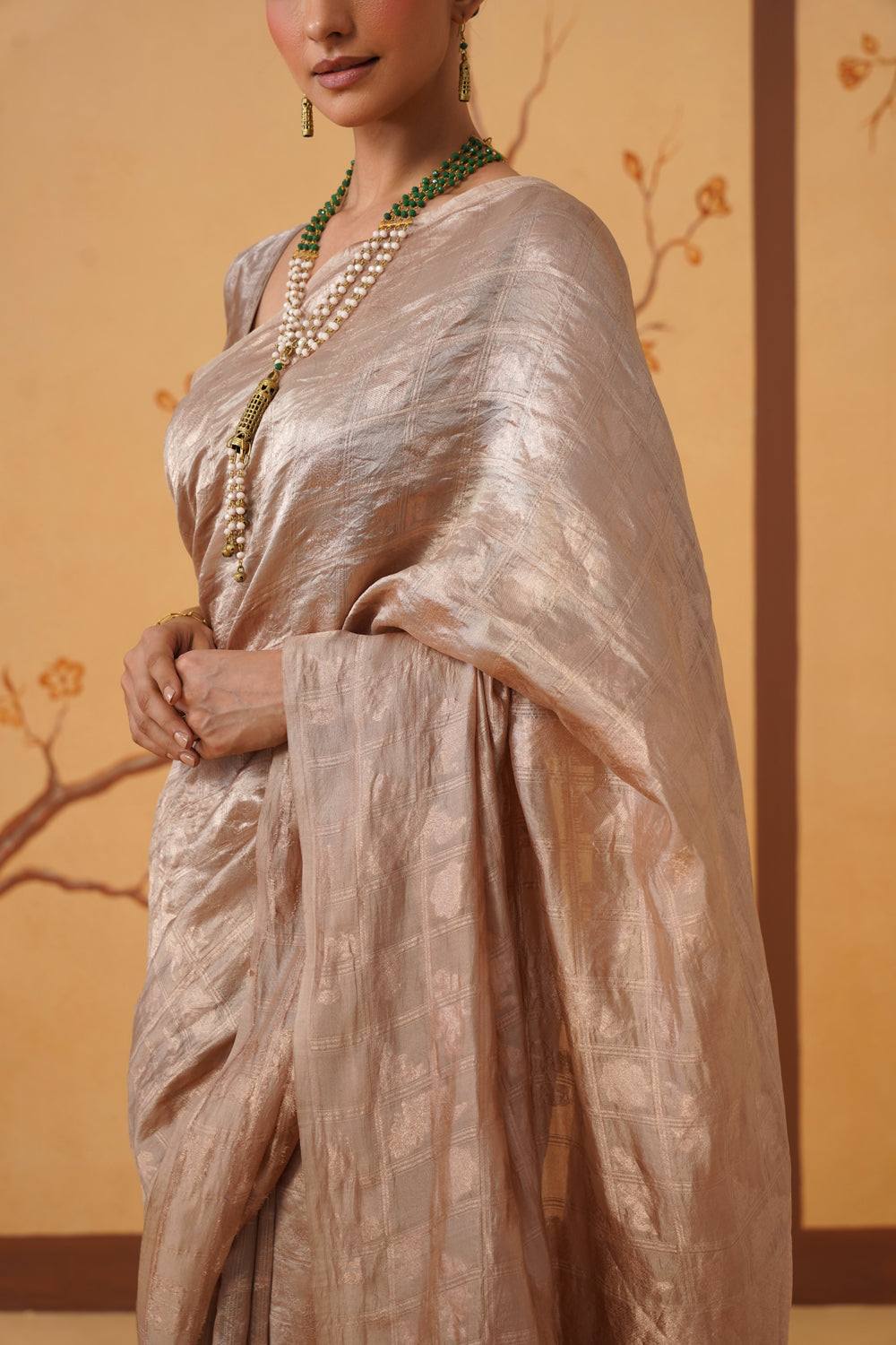 Handwoven Tissue Katan Shikargah Saree in Golden Menagerie