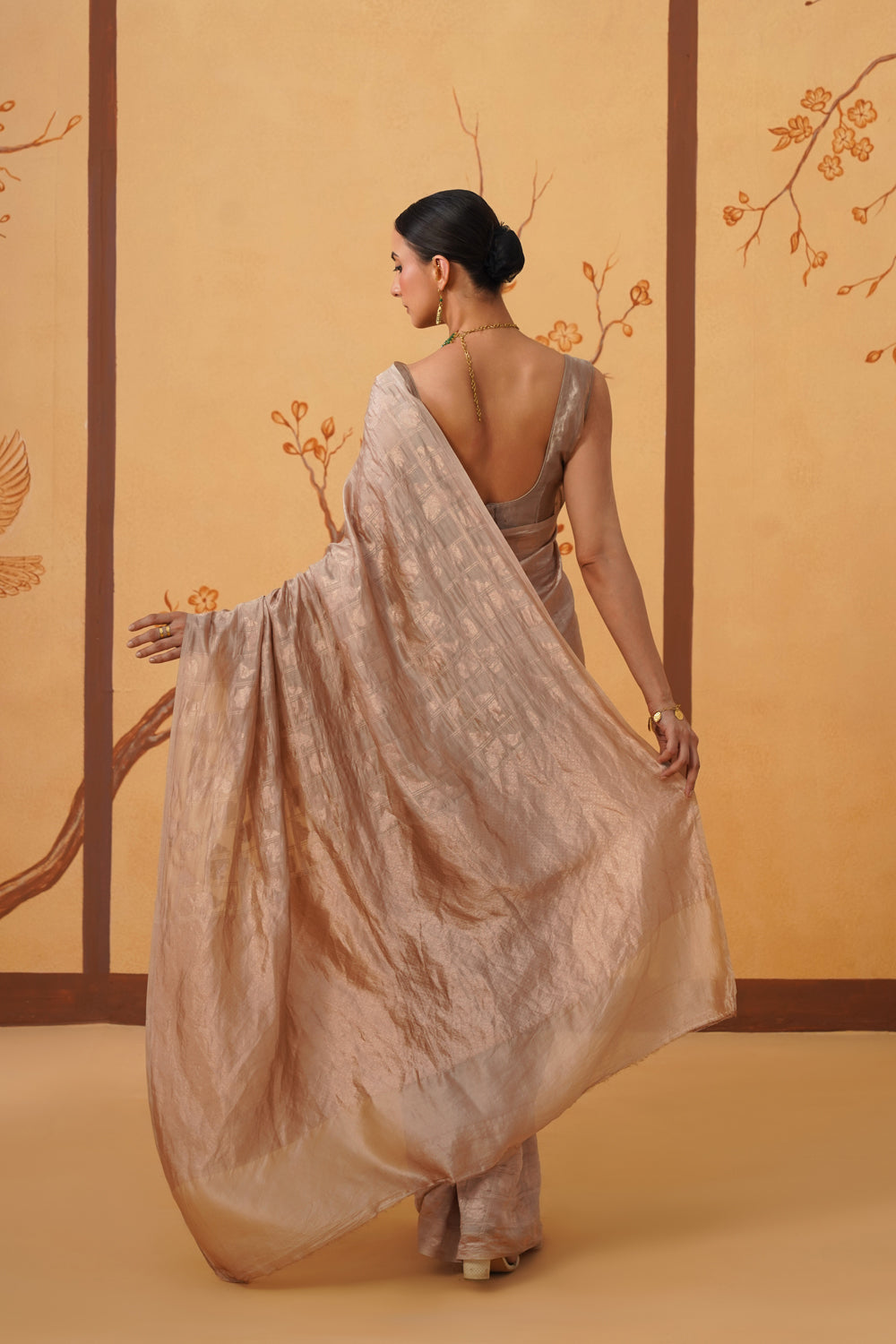 Handwoven Tissue Katan Shikargah Saree in Golden Menagerie