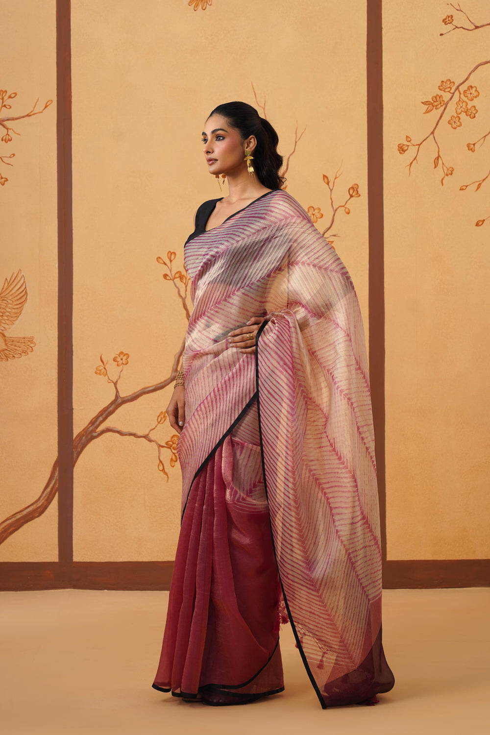 Handwoven Tissue Saree with Graphic Chevron Stripes & Contrast Border