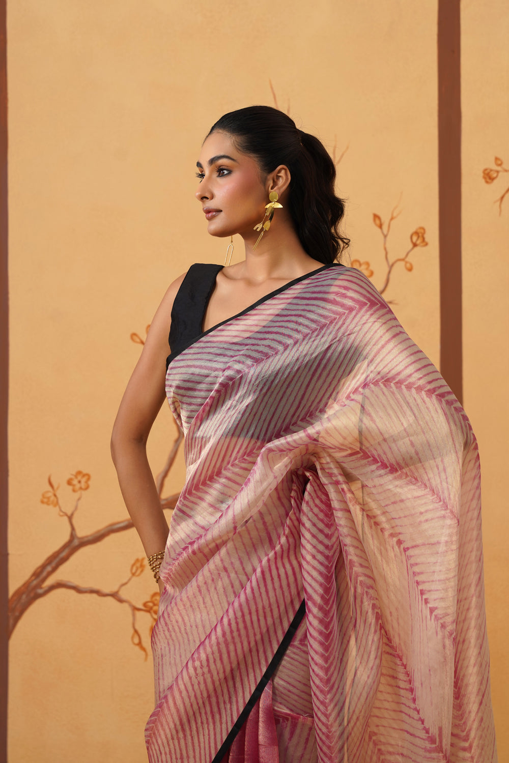 Handwoven Tissue Saree with Graphic Chevron Stripes & Contrast Border