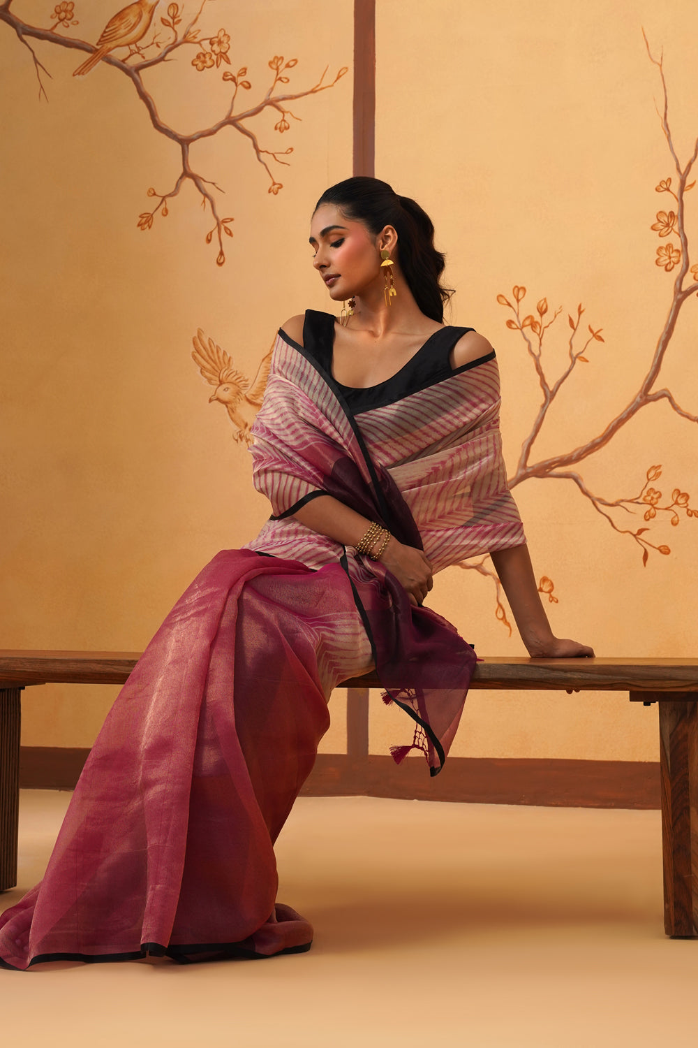 Handwoven Tissue Saree with Graphic Chevron Stripes & Contrast Border