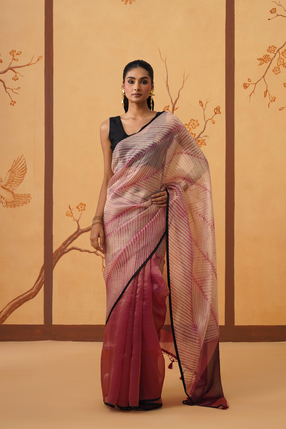 Handwoven Tissue Saree with Graphic Chevron Stripes & Contrast Border