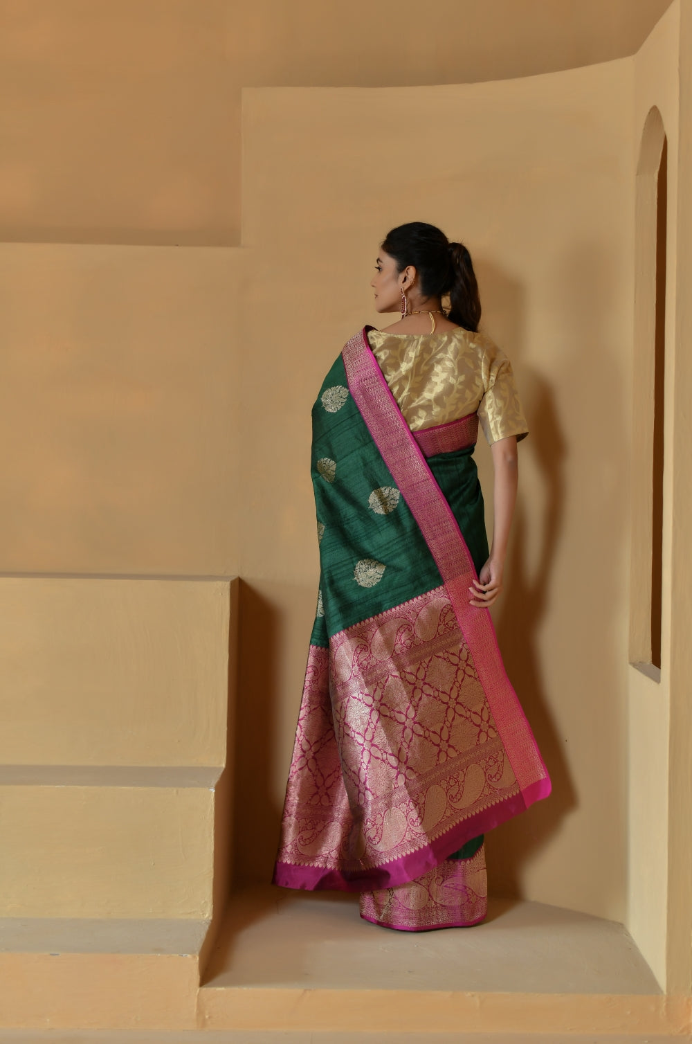 Handwoven Tussar Silk in Deep Green with Bootas-Banarasiya