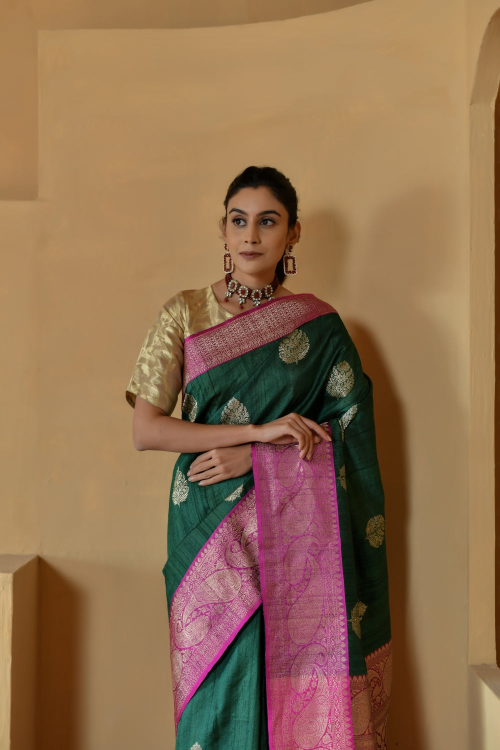 Handwoven Tussar Silk in Deep Green with Bootas-Banarasiya