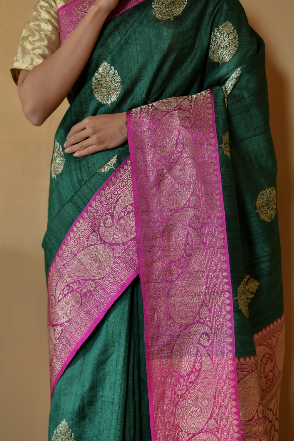 Handwoven Tussar Silk in Deep Green with Bootas-Banarasiya