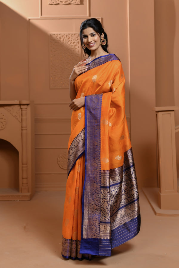 Handwoven Tussar Silk in Warm Mustard with Bootas -Banarasiya