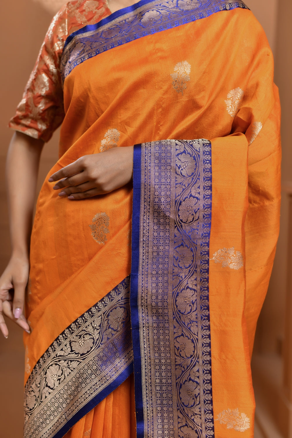 Handwoven Tussar Silk in Warm Mustard with Bootas -Banarasiya