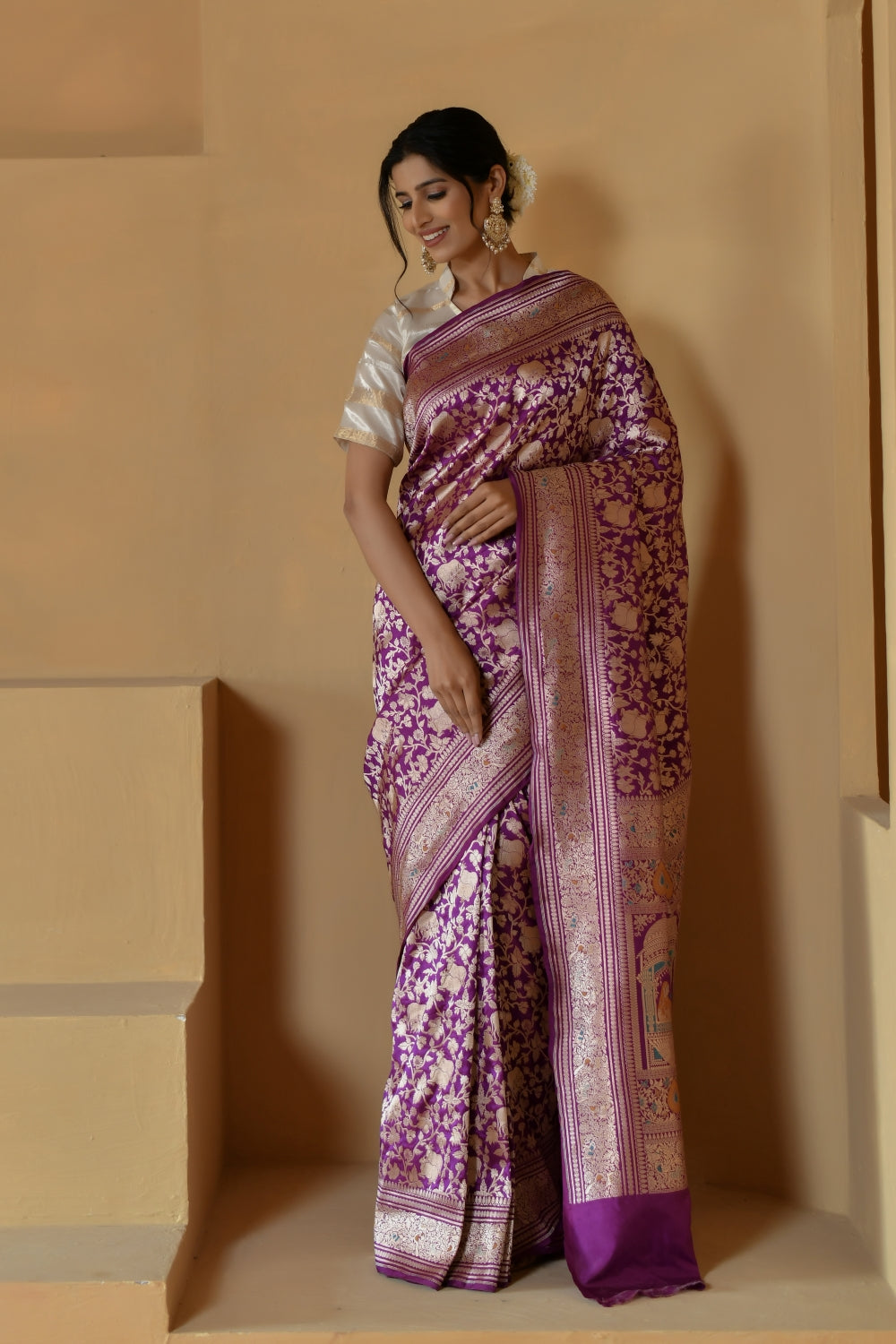 Jewel-Toned Purple Katan Silk Saree with Shikargah Motifs