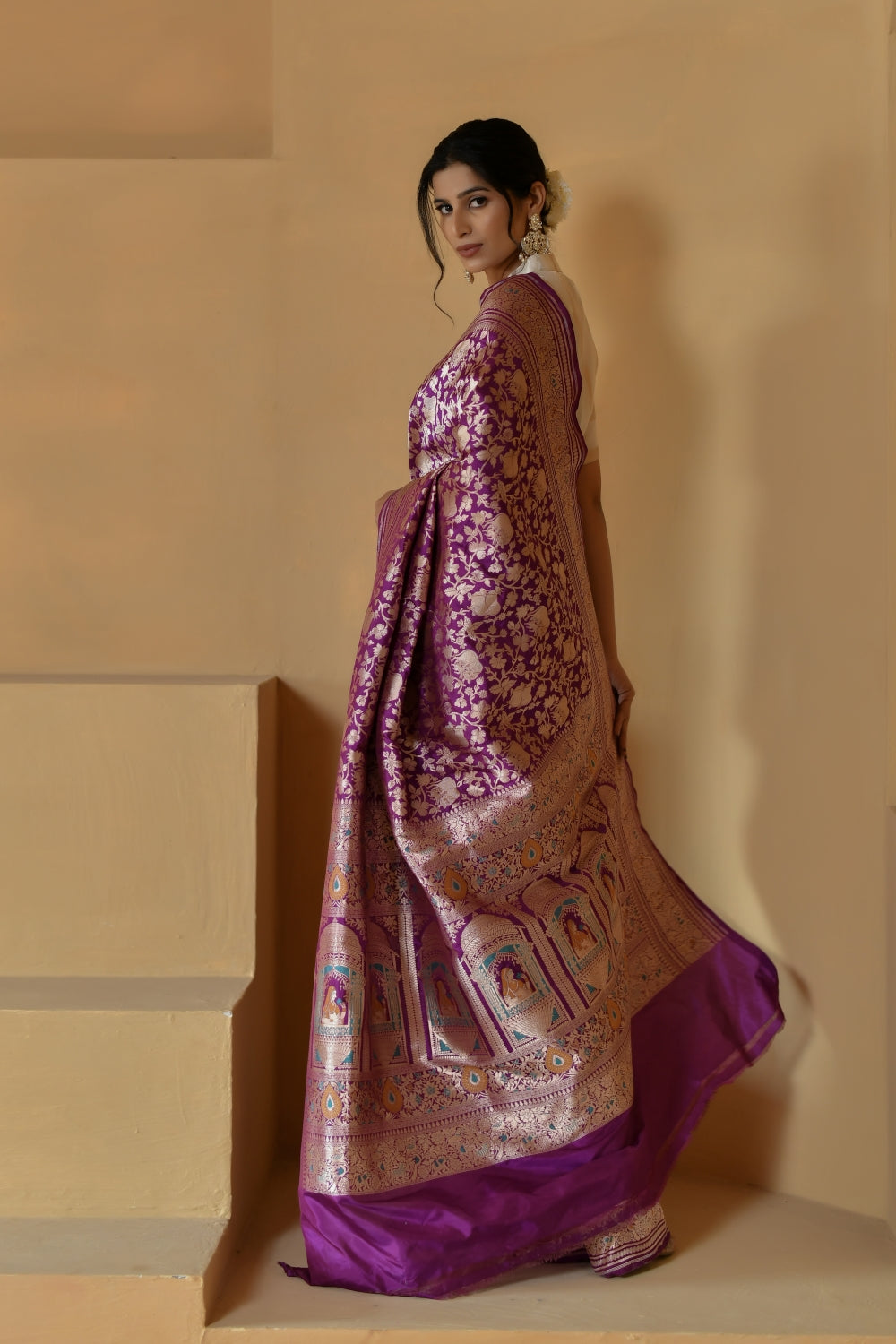 Jewel-Toned Purple Katan Silk Saree with Shikargah Motifs