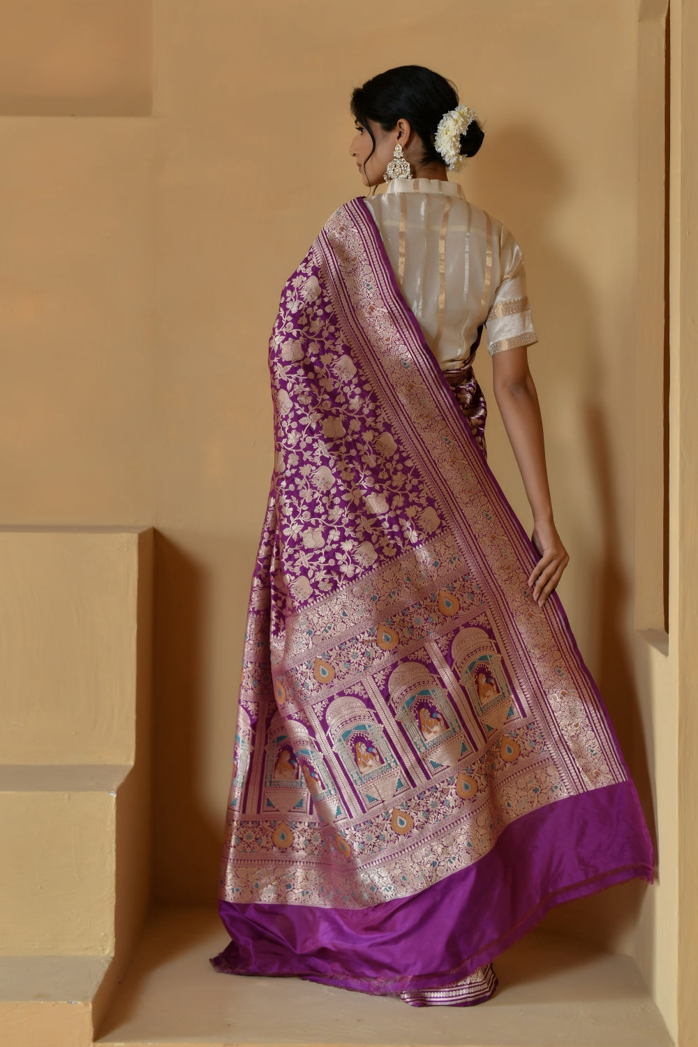 Jewel-Toned Purple Katan Silk Saree with Shikargah Motifs