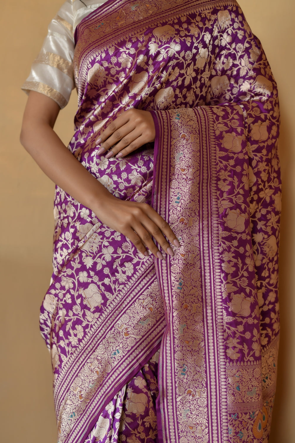 Jewel-Toned Purple Katan Silk Saree with Shikargah Motifs