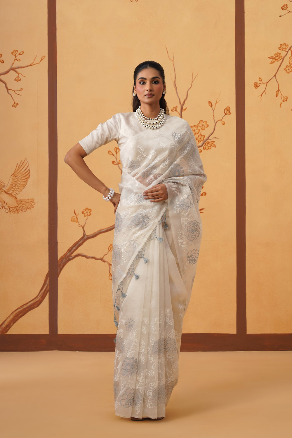 Kora Organza Saree in Moonlit Ivory with Floral Embroidery & Appliqué