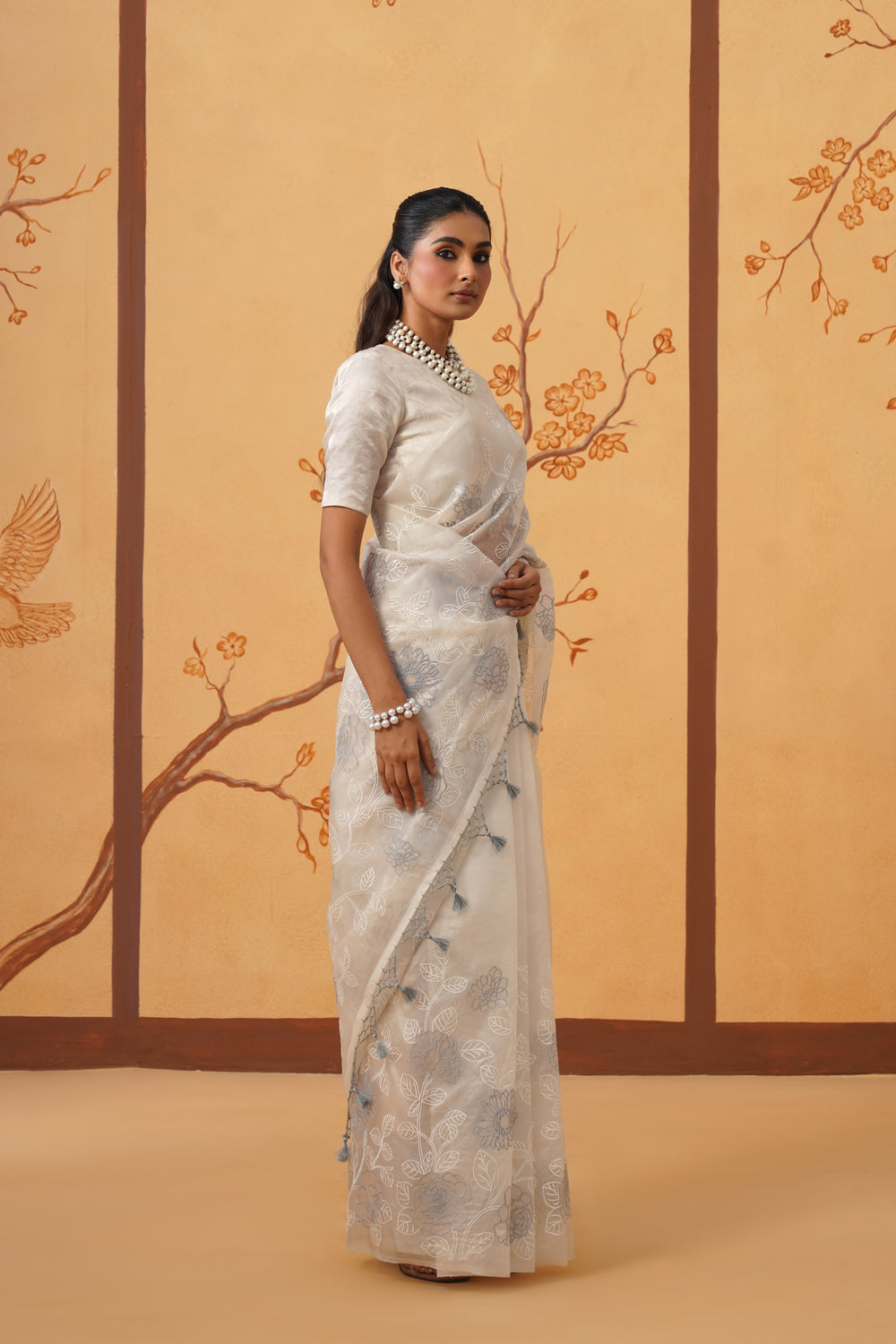 Kora Organza Saree in Moonlit Ivory with Floral Embroidery & Appliqué
