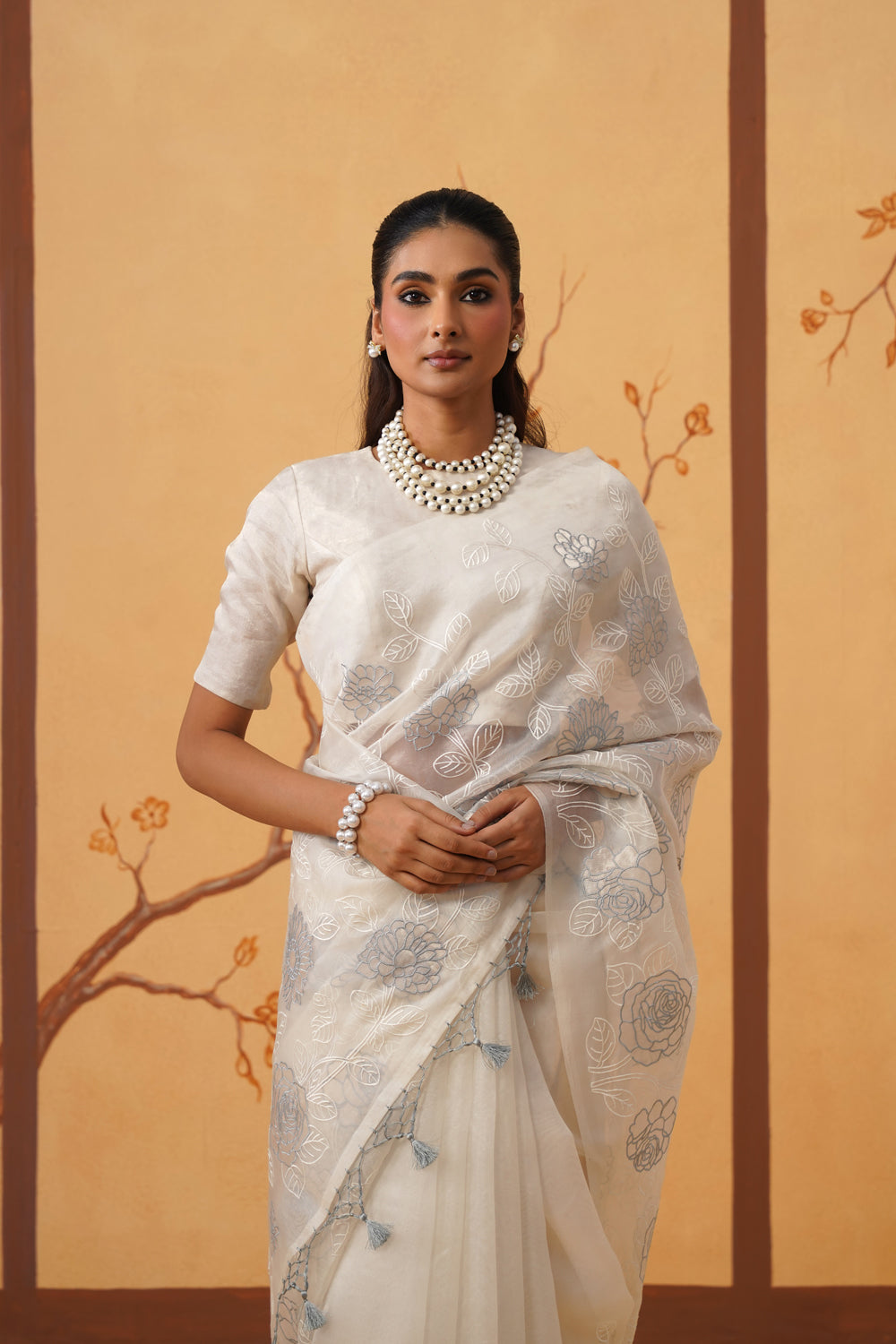 Kora Organza Saree in Moonlit Ivory with Floral Embroidery & Appliqué