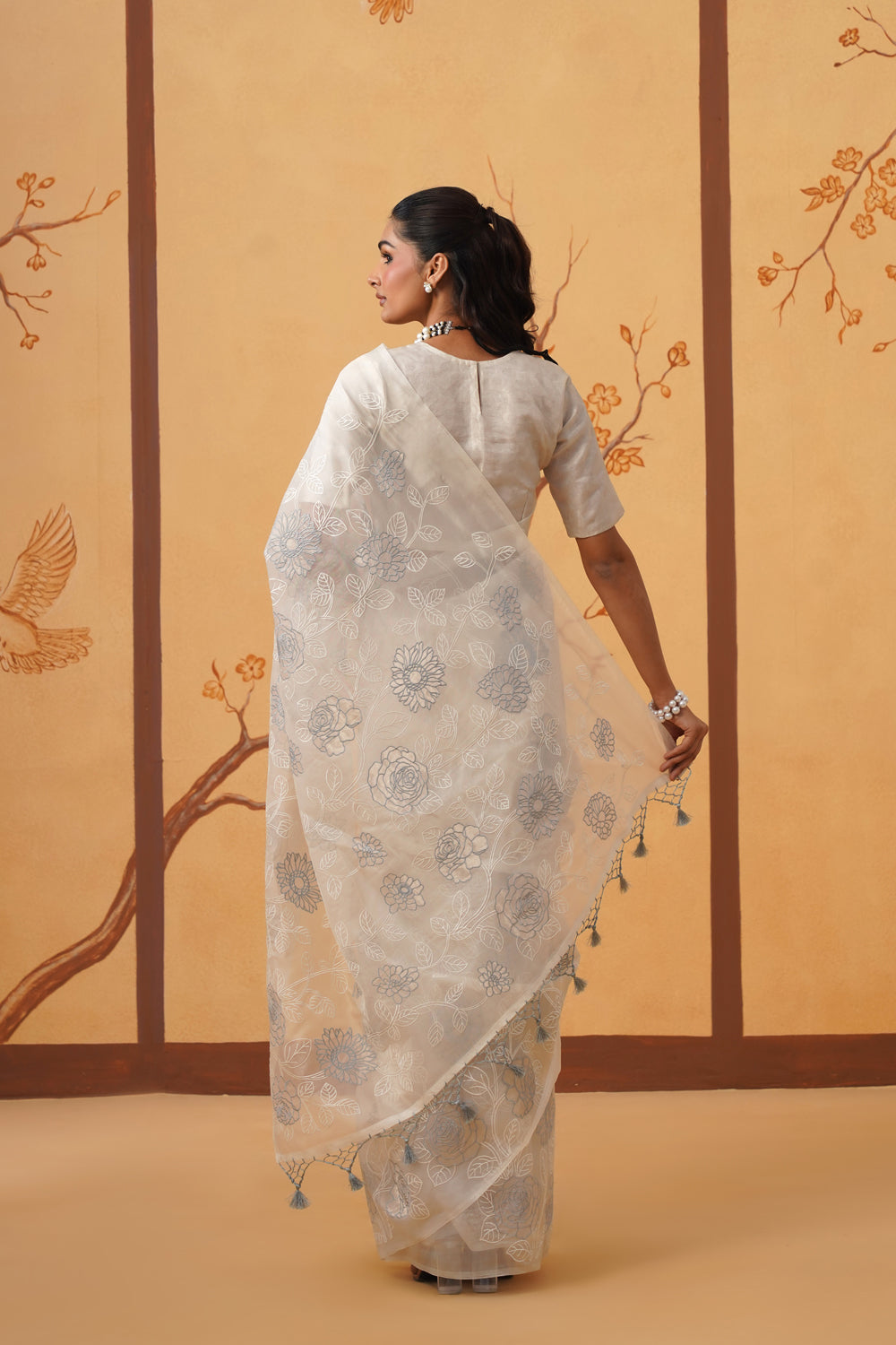 Kora Organza Saree in Moonlit Ivory with Floral Embroidery & Appliqué