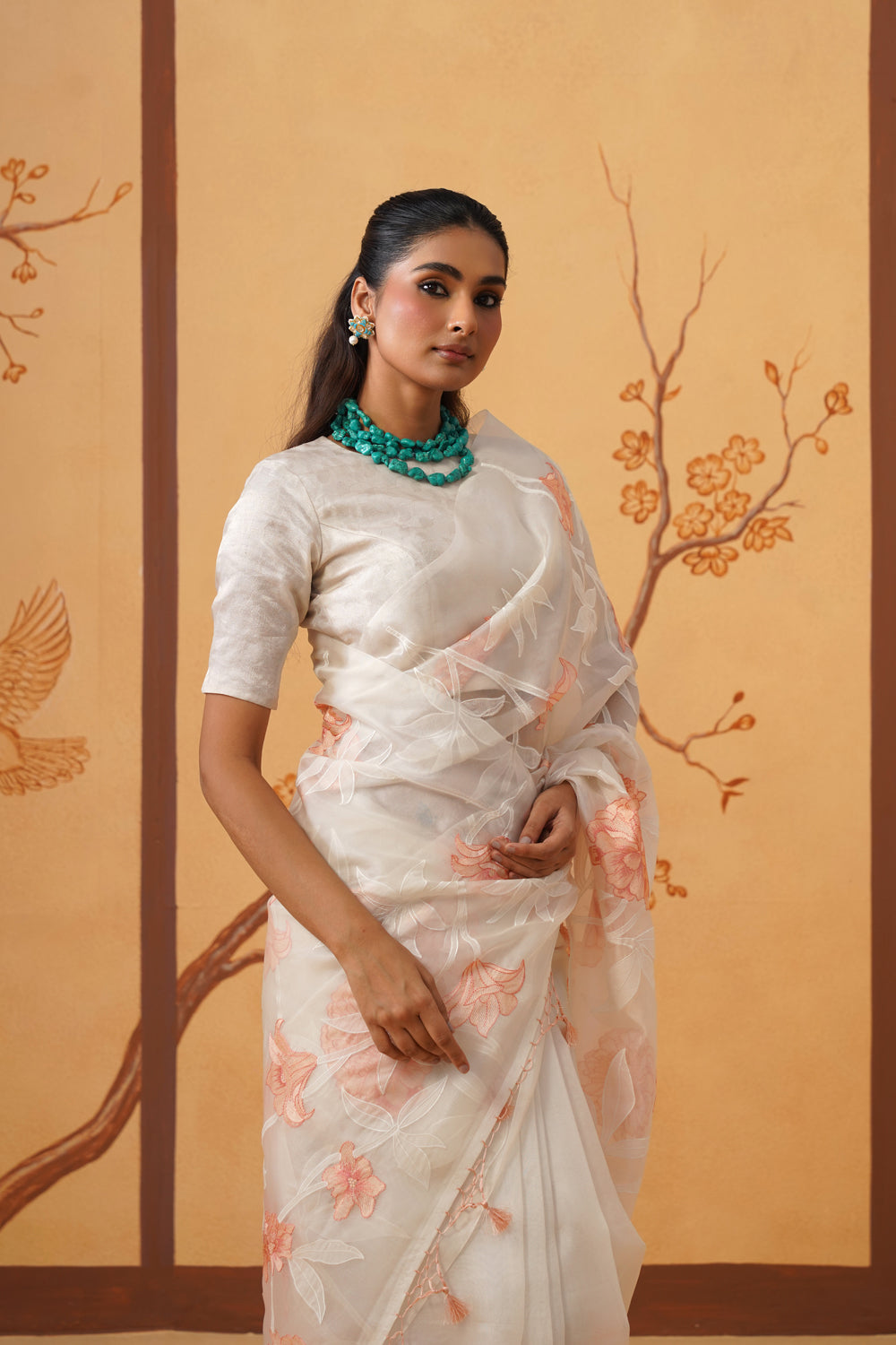Kora Organza Saree in Peach Blossom with Floral Embroidery & Applique