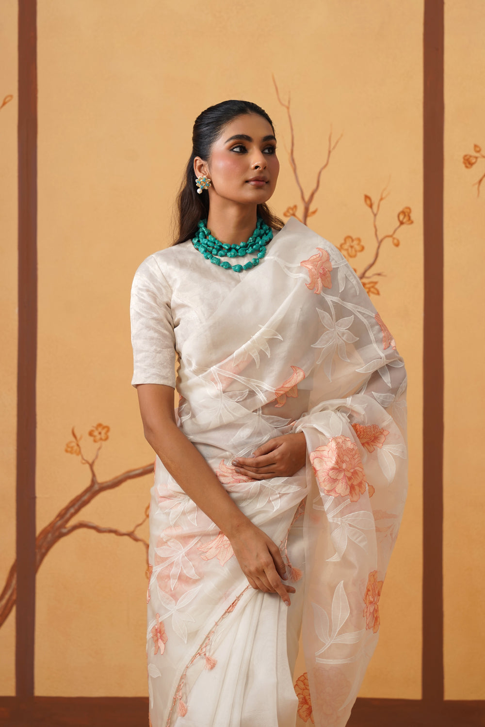Kora Organza Saree in Peach Blossom with Floral Embroidery & Applique