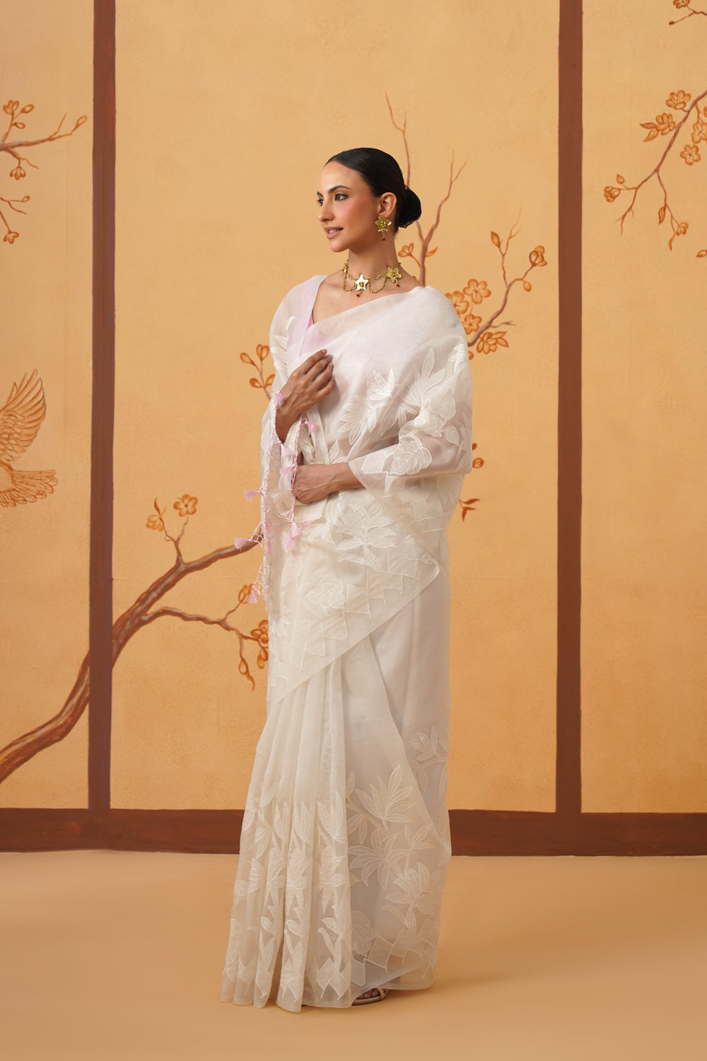 Kora Organza Saree in Pearl White with Floral Embroidery & Appliqué