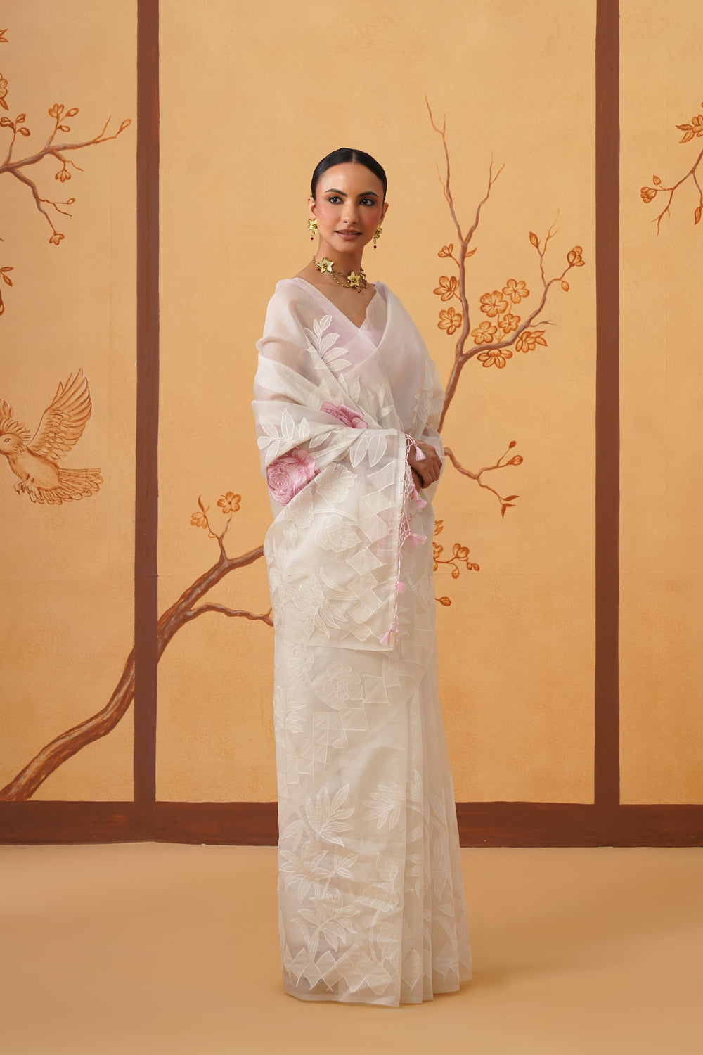Kora Organza Saree in Pearl White with Floral Embroidery & Appliqué