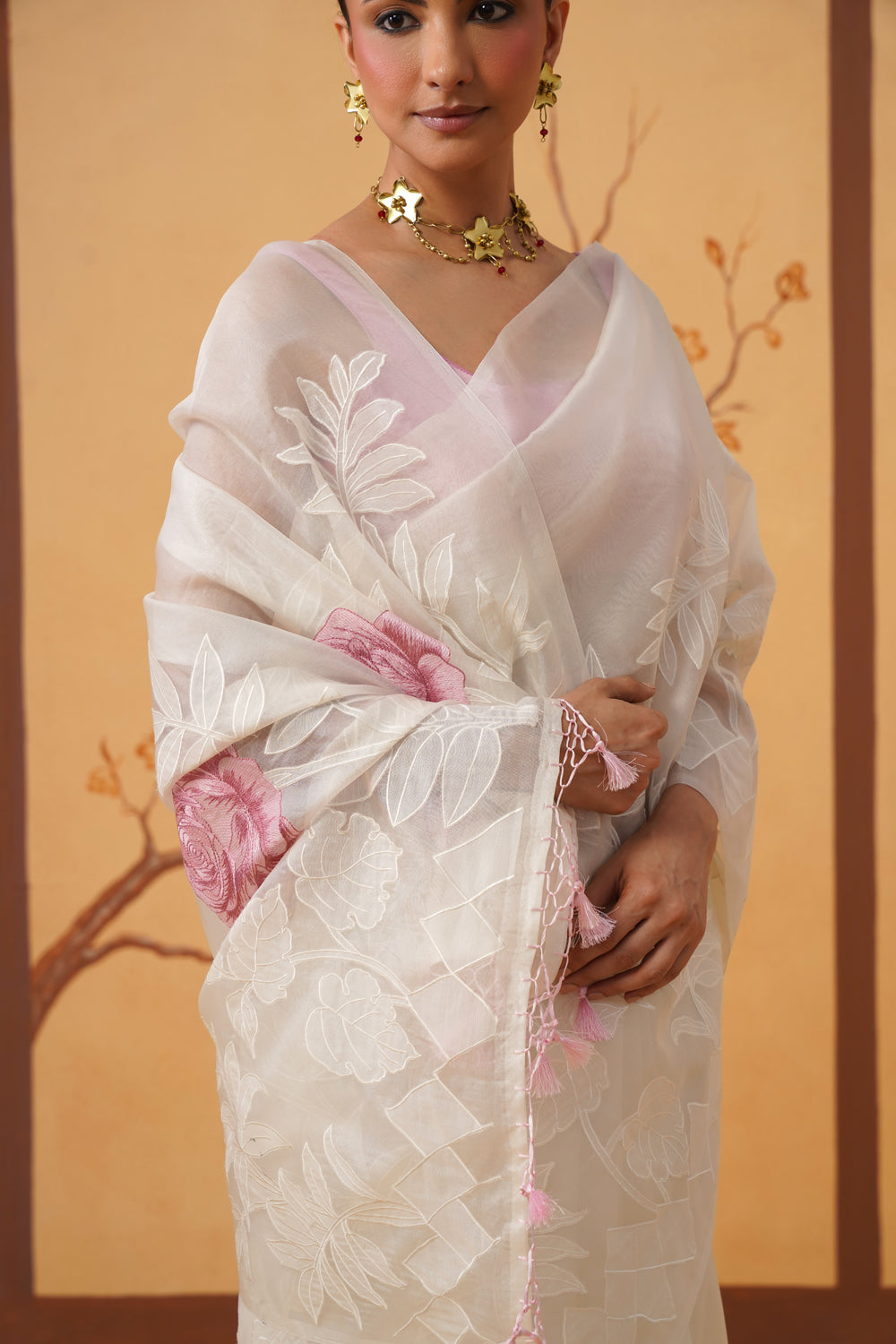Kora Organza Saree in Pearl White with Floral Embroidery & Appliqué