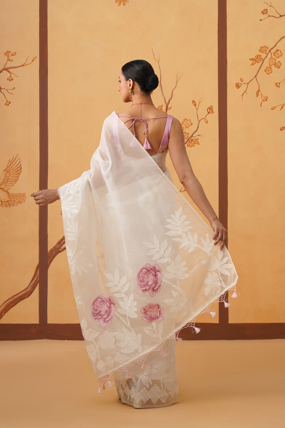 Kora Organza Saree in Pearl White with Floral Embroidery & Appliqué