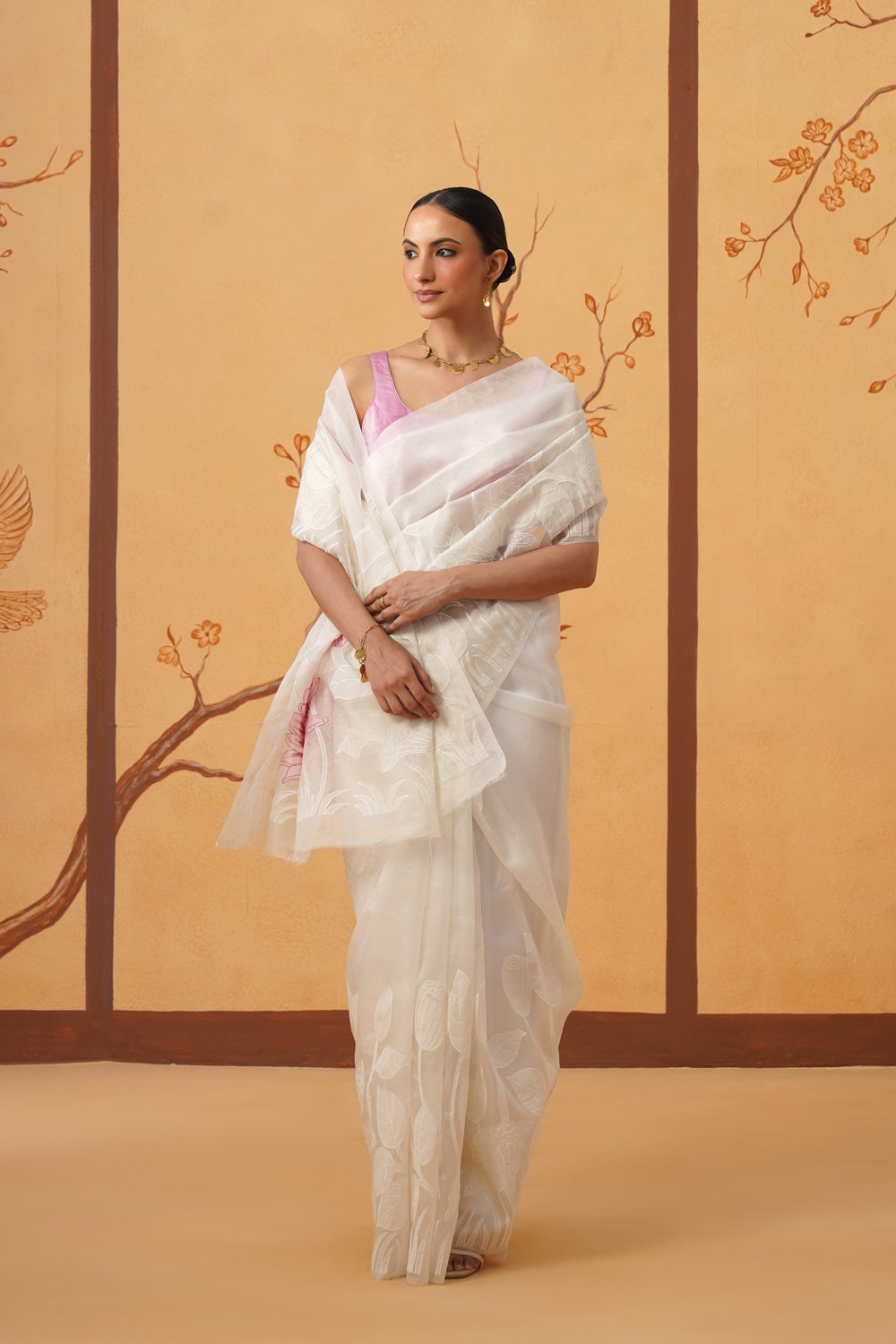 Kora Organza Saree in Pearl White with Pink Floral Embroidery & Appliqué